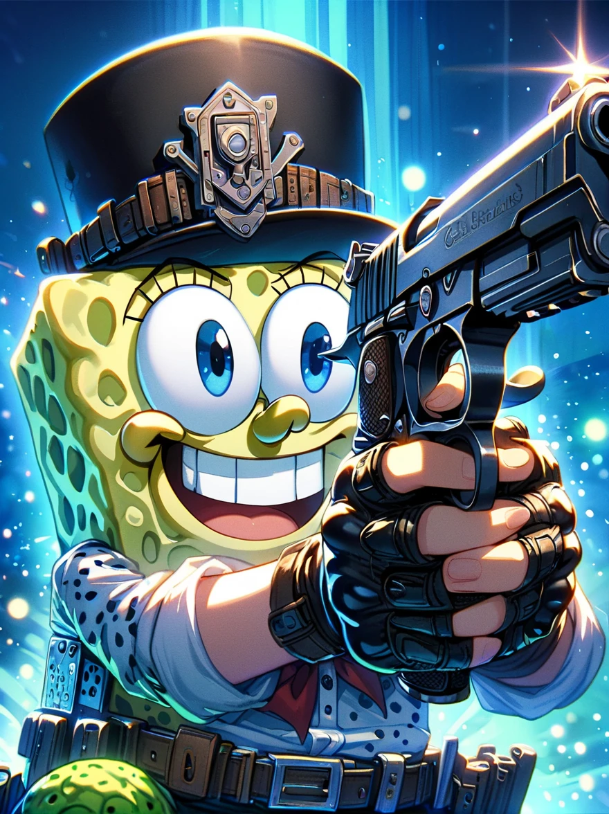 1 SpongeBob SquarePants，Holding a Desert Eagle pistol in both hands，aim at you，The scene is illuminated by blue lights