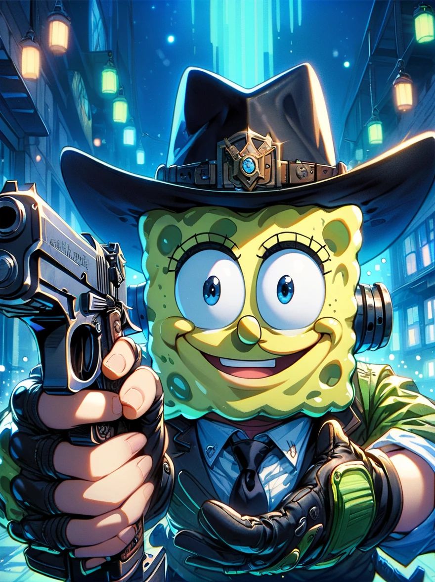 1 SpongeBob SquarePants，Holding a Desert Eagle pistol in both hands，aim at you，The scene is illuminated by blue lights
