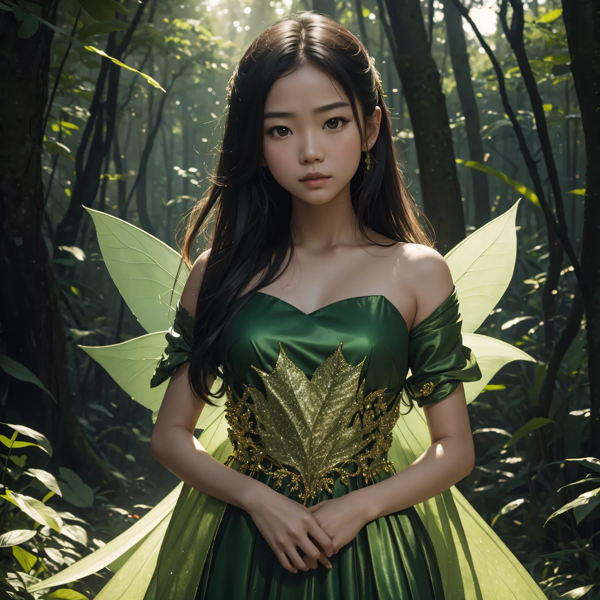 realistics fairy young asian girl standing portrait, cinematic, sharp colour, extreme details, structure details, face details, best shadowing, 8k, UHD, photo realistics, no defects, barefoot, plain background deep green forest with dimmed sunlight went through from the trees, artistic glittery fairy clothes with artistics real lime green leaf from upper to knee, the dress is very details, floating from the floor