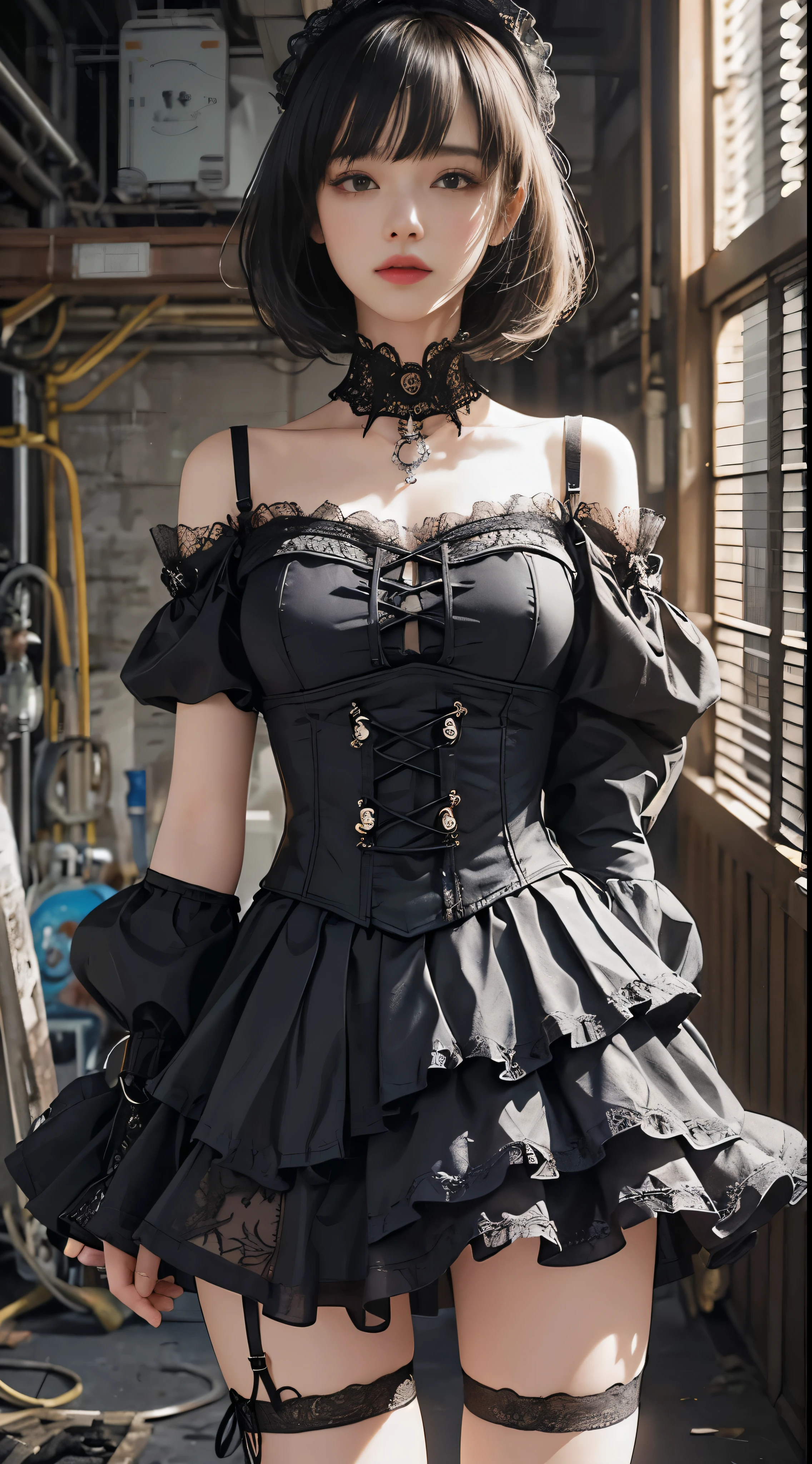 (((masterpiece, highest quality, Super detailed))), 1 female, (((very thin body))) , (((length, thin legs))), (((black short bob, thick and fluffy bangs ))), (((highly detailed face))), No cosmetics, small and thin nose, thin mouth and small lips, (((Very sharp focused eyes))), Precise pale gray eyes with large slits, shine like a jewel, length eyelashes, ((Highly decorative and intricate mechanical steampunk fashion, Lace Flare Mini Skirt, above the knee lace stockings, Lace Off Shoulder ta Fashion, Overly decorative fashion)), Abandoned Night, Complex mechanized steampunk factory catches fire、explosion, (((Overall accuracy has been significantly improved, creating a Super detailed and realistic image))), super realistic photos.
