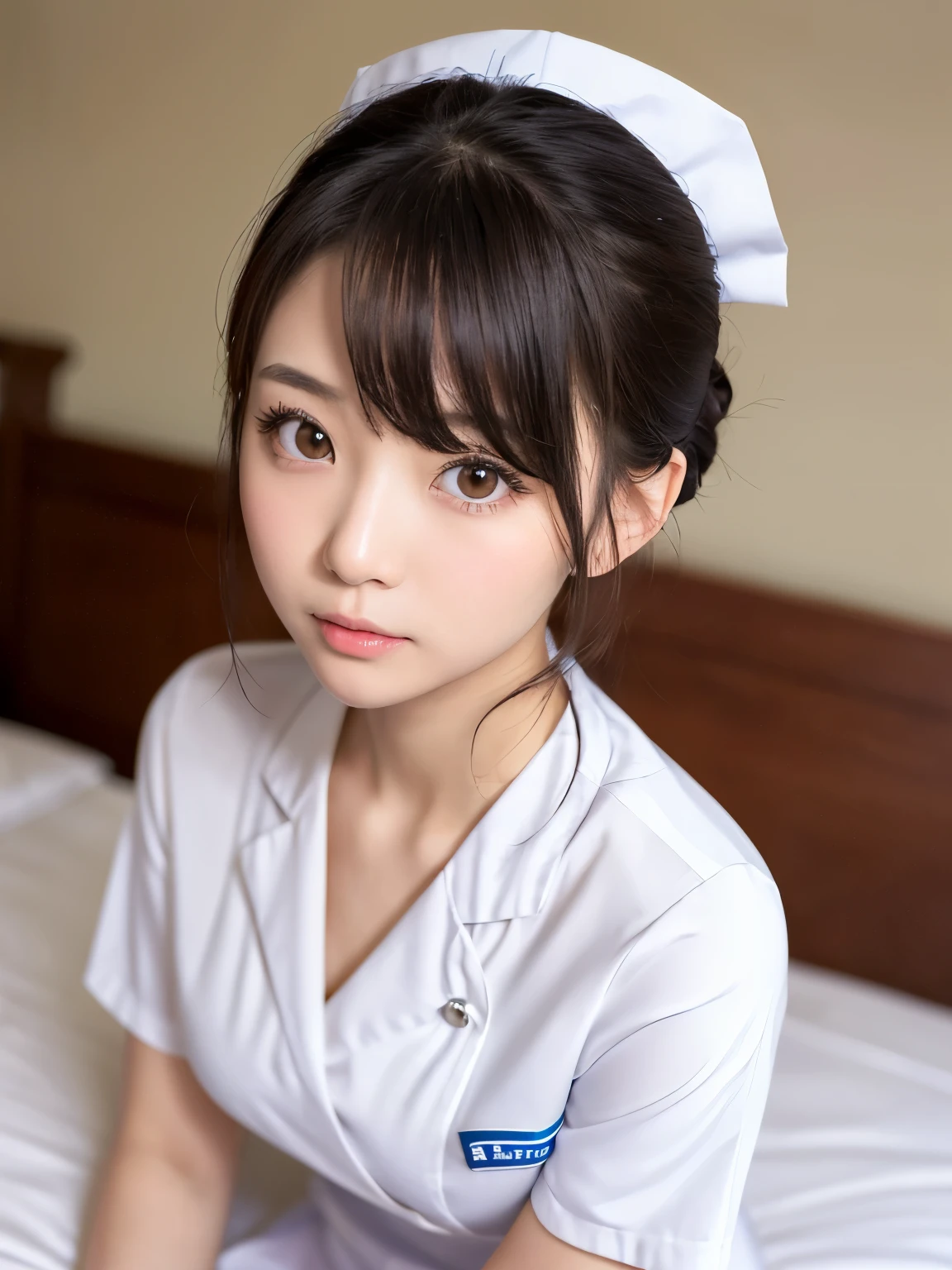 (masterpiece:1.3)、Super detailed finish、(High resolution、8k:1.3)、(highest quality)、(Super realistic like a photo:1.3)、(professional portrait、professional writing)、correct limbs、anatomically correct, perfect proportions、The face is in focus、close up on face:1.1、ultra high definition face、Face is in focus、Ultra high definition and beautiful eyes、(focused eyes、eyes that are not too big、Eyes are symmetrical:1.3)、High-definition and beautiful skin、firm skin、Ultra high definition hair texture、(japanese woman)、、very cute, half updo:1.3, nurse、nurse break (White nursing uniform、white nurse uniform:1.3),on the hospital bed、 (embarrassed:1.3), (blush:1.3), (Strange look:1.3), thin legs、beautiful legs, looking at viewer, nsfw, (shy pose:1.3)、Awkward pose、I have my mouth slightly open、medium breast、nipples:1.1, (ピンクcolorの美しい乳首:1.2), color々shooting angle:1.2