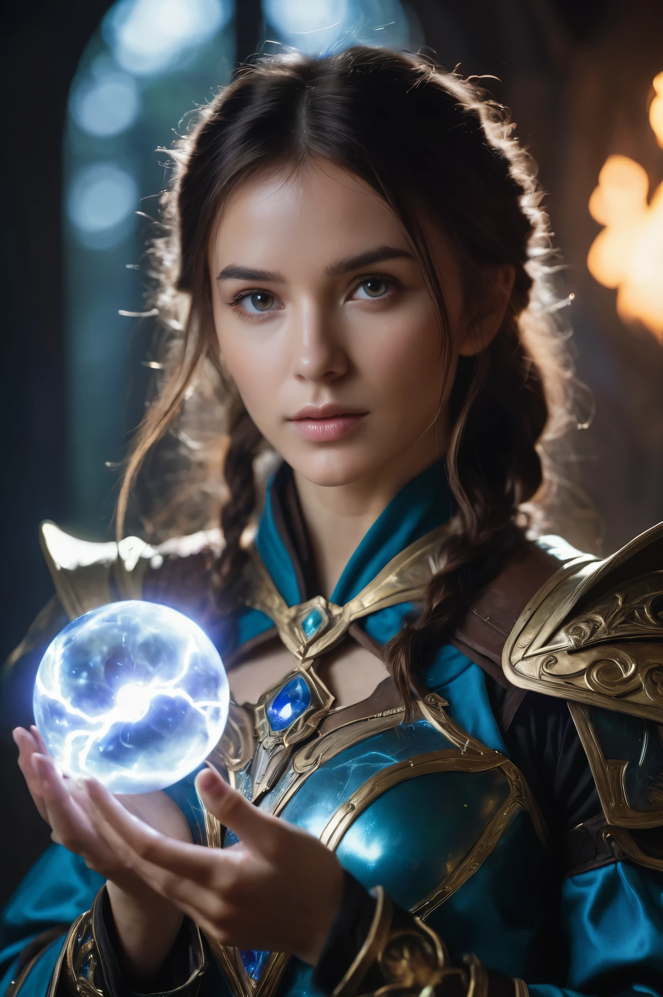 cinematic film still of a young mage woman holding a magic lightning glass orb, glass mage armor, zavy-cnmtc, (Highest Quality, 4k, masterpiece, Amazing Details:1.1), film grain, Fujifilm XT3, photography,