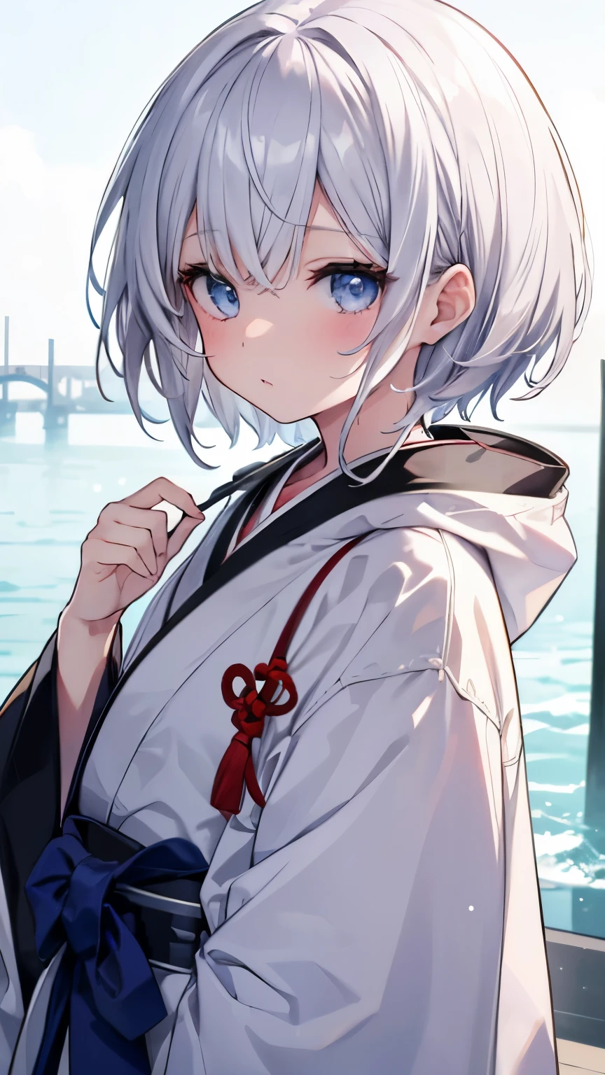 ,girl,best image quality,,silver hair,,blue eyes, white skin,,short hair,,half eyes,,wet state,baby doll,,,,,small胸,,,duffel coat,,small,,kimono,Hakama
