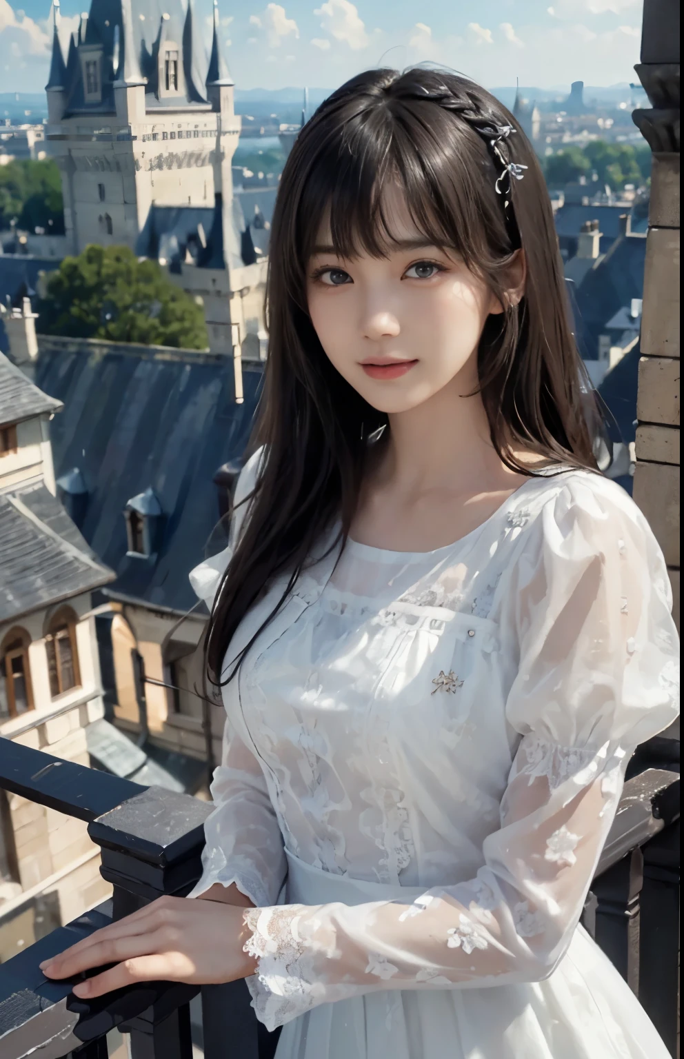 (ultra-realistic realism)、(illustratio)、(A high resolution)、(8K)、(Best Illustration)、(Beautifully detailed eyes)、(top-quality)、(ultra - detailed)、(masterpiece)、(the wallpaper)、(A detailed face)、solo、1 girl in、looking at viewert、A detailed face、pureerosfaceace_V1、A smile、 long hair、46-point diagonal bangs、((White lace dress))、((Beautiful woman standing on the balcony of the castle))
