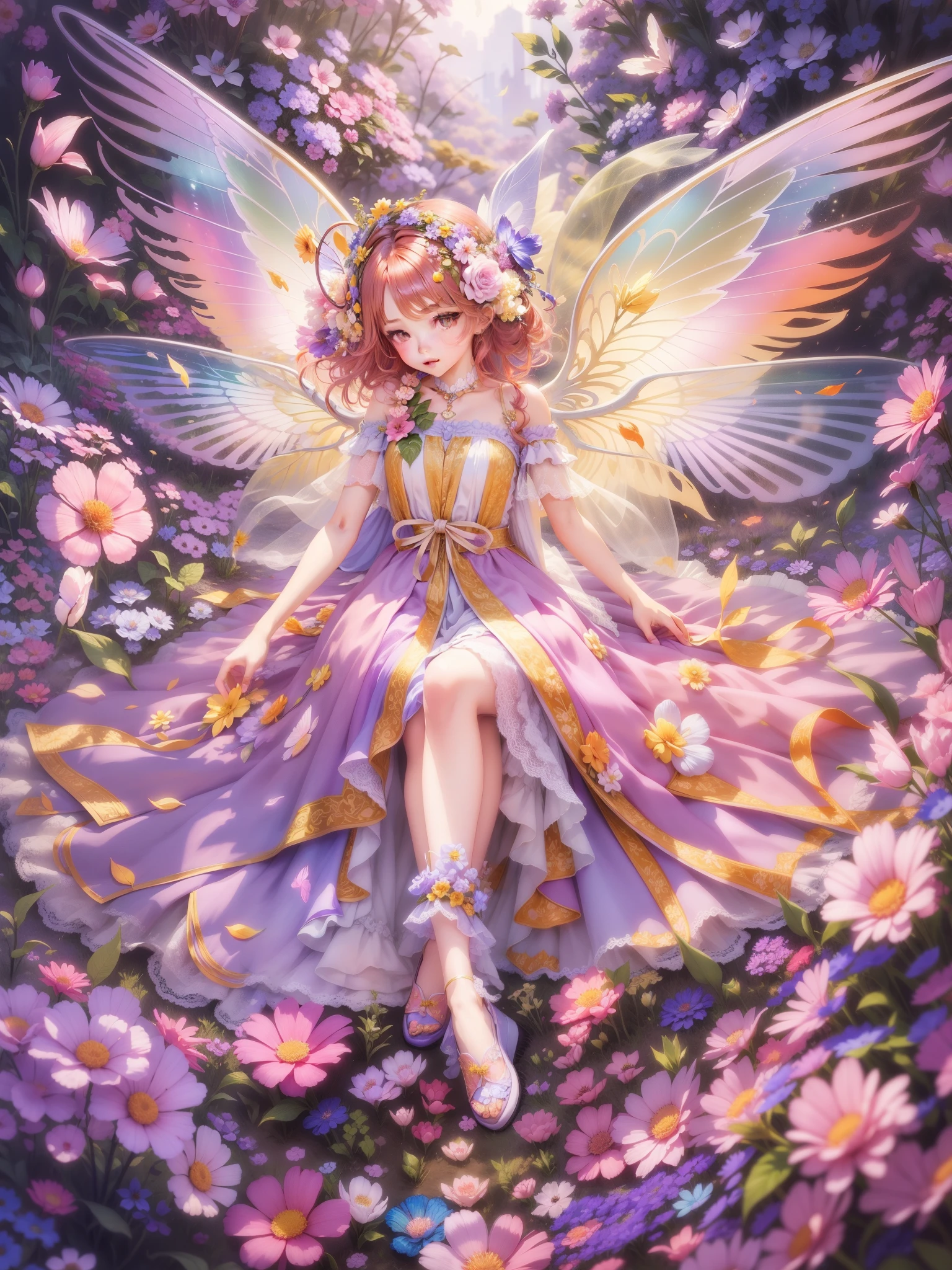 flower fairy、transparent and colorful wings、