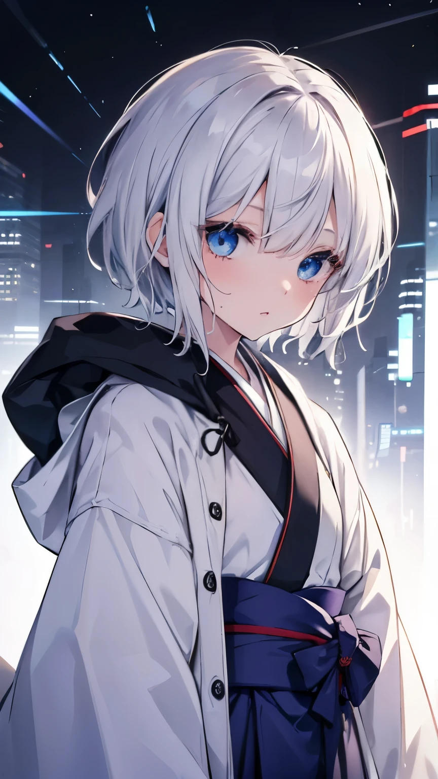 ,girl,best image quality,,silver hair,,blue eyes, white skin,,short hair,,half eyes,,wet state, doll,,,,,small胸,,,duffel coat,,small,,kimono,Hakama