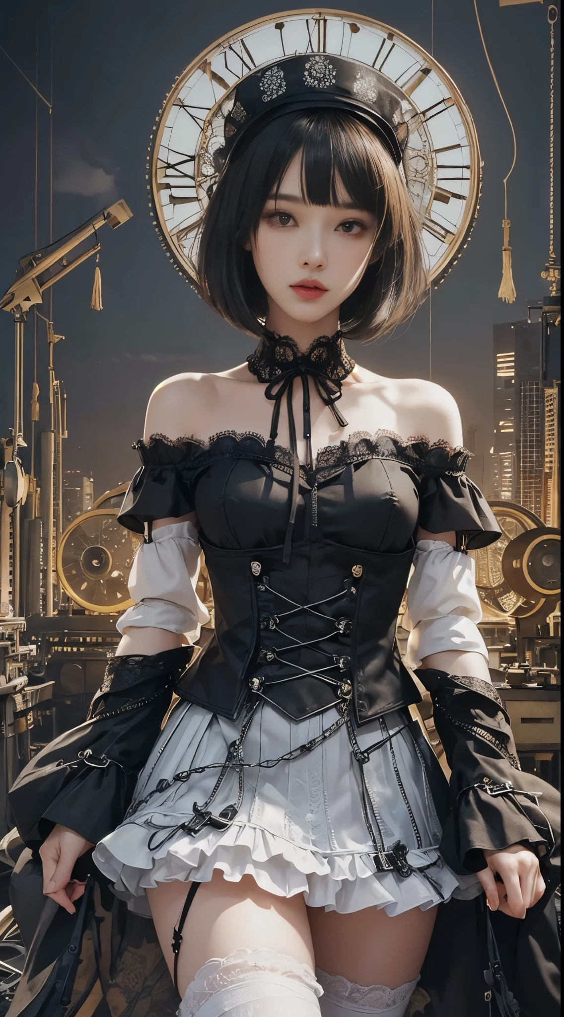 (((masterpiece, highest quality, Super detailed))), 1 female, (((very thin body))) , (((length, thin legs))), (((black short bob, thick fluffy bangs ))), (((highly detailed face))), No cosmetics, small and thin nose, thin mouth with small lips, (((Very sharp focused eyes))), Precise pale gray eyes with large slits, shine like a jewel, length eyelashes, ((Highly decorative intricate mechanical steampunk fashion, Lace Flare Mini Skirt, above the knee lace stockings, Lace Off Shoulder Lolita Fashion, Overly decorative fashion)), Abandoned Night, Complex mechanized steampunk factory catches fire and explodes, (((Overall accuracy has been dramatically improved, creating a Super detailed and realistic image))), super realistic photos.