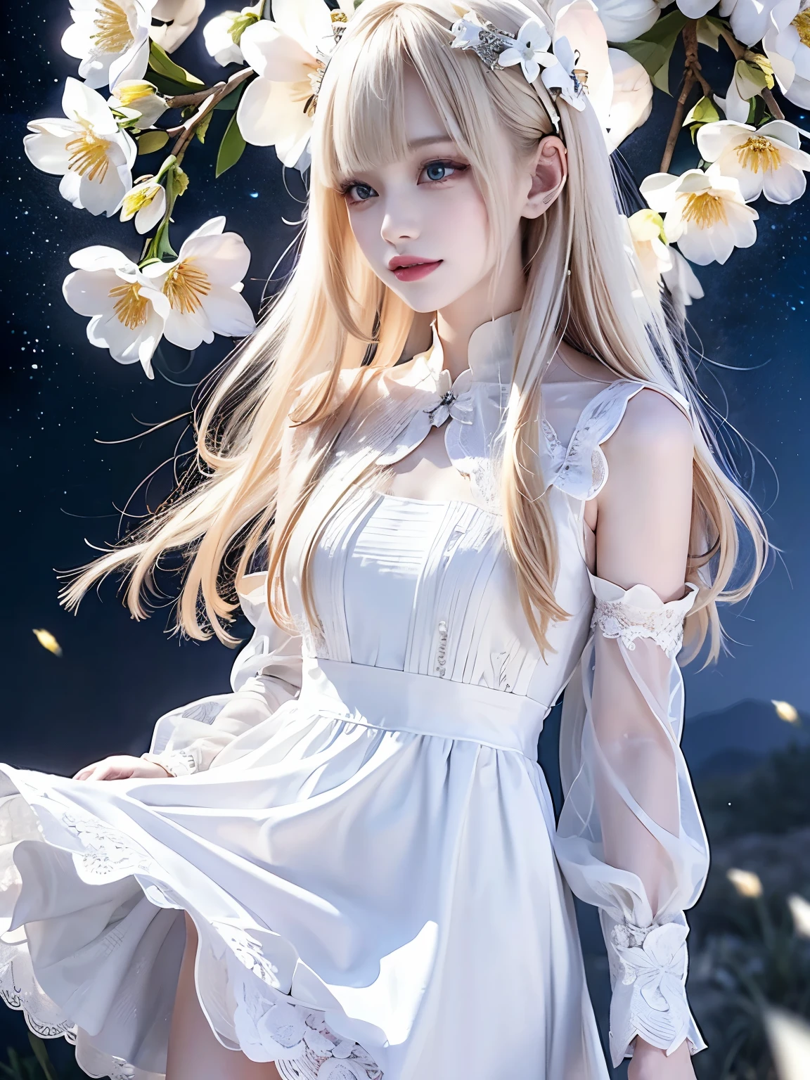 raw photo, 8k, (top-quality), Realistic, (real picture, Intricate details), (natural skin texture, detailed skin, hyper realism, sharpness), Japanese teenage girl dancing in the starry sky high at night, (white flowers, On the mystic hill where white flowers bloom, jumping high), ((white dress, see-through dress, white flower hair ornament, look far away)), (pale skin:1.2), slender body, ((light blond hair:1.3, long hair, blunt bangs)), (Parted lips:1.3, eye shadow, eyeline, tear bag:1.2, red lip, undereye circle, smile), night time, starry skies, full body shot