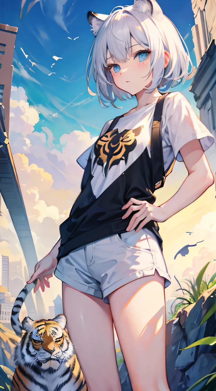 Golden ratio, halfbody character illustration, anime girl with white short hair, tiger stripes in cheeks, pixiv contest winner, fantasy art, white tiger girl, beautiful character painting, artwork in the style of mogoon, smug, short hair with some black streaks, masterpiece, best quality, shirt with no sleeves, slightly exposed chest