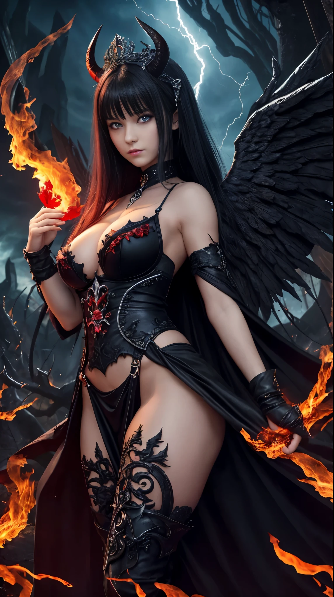 Ultra-detailed French girl,  ago, angel, Fallen angel, Black angel, 2 big wings, Black feather, beautiful breasts, (blue eyes), showing great cleavage, darkness, Evil creature, skull, Black thorn hair ornament, Blood red roses, Dark red clothing  , Black Crown Her demon wings on her back and demon horn give her an invincible aura as she unleashes a powerful wave of destruction with a single gesture. Fire, flames, blood, red lightning, thunderstorm, waterfalls, blood Moon, dark night, naked body