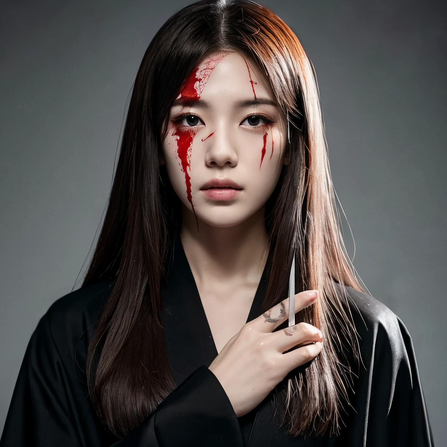 korean beautiful girl, (behind multiple corpse:1.3), (surgical mask), holding knife, stabbing, black gloves, blood splatter, room full of blood, black over size jacket, woman on top, hood up, holding knife, black gloves, behind corpse, long bangs, glamorous, night, mass murderer, robbery, dark atmosphere, cinematic lighting, atmospheric realistic,