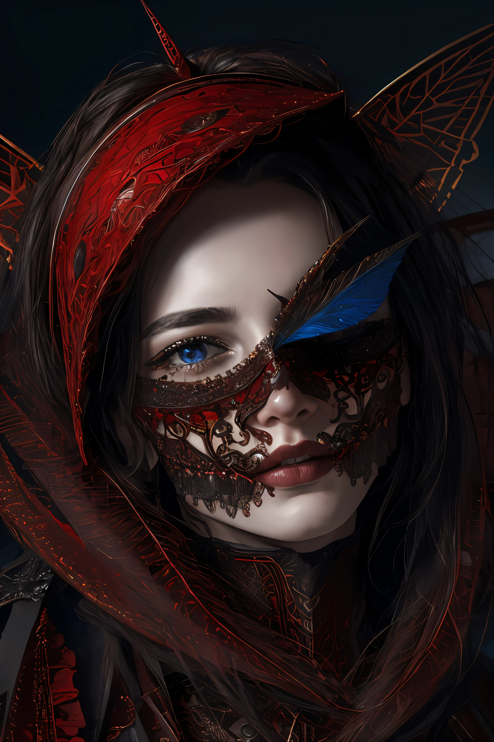 V0id3nergy,glowing, blood_vessels, moth (covering left eye) (masterpiece:1.3), (best_quality:1.3), (ultra_detailed:1.3), 8k, extremely_clear, realism, (ultrarealistic:1.3),, insane details, intricate details, hyperdetailed, ultra detailed, extreme detailed, highest detailed, high_detail, colorful, beautiful, hdr, photorealistic, highres, ultra_high_res, photography, aesthetic, extremely_delicate,((fractal art)),colorful, moth (covering left eye), somber expression, crying (red), (horror art, dread),highres, 16K,RAW,ultra highres,ultra details,finely detail,an extremely delicate and beautiful,extremely detailed,real shadow, realistic,highly detailed photo,award winning glamour photograph,photorealistic,