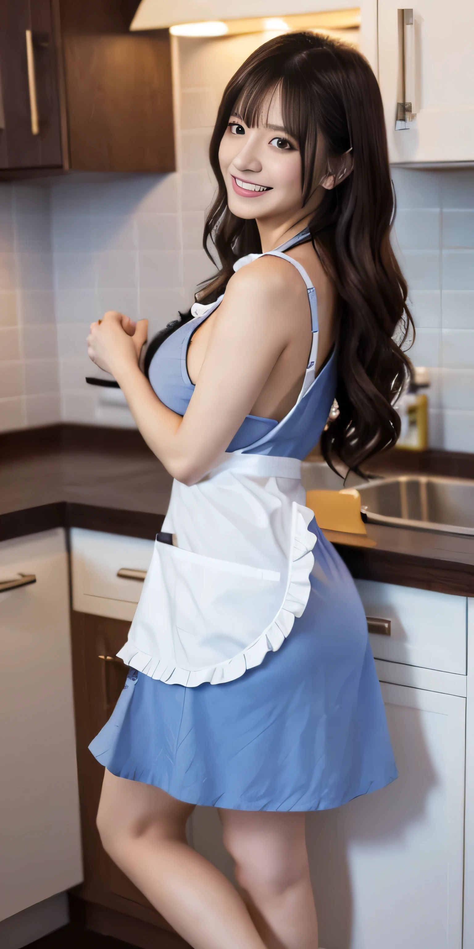 highest quality、best image quality、masterpiece、full body photo、25 year old female, Dark brown wavy middle hair、bangs、((white apron with frills))、 (No bra、plump nipples、Visible from the side、press your chest against the sink)、light blue panties、soft chest、big breasts、barefoot、 cute smile、wet clothes、((Roll up the chest of the apron with your hands and open it wide..........、stick out your butt))