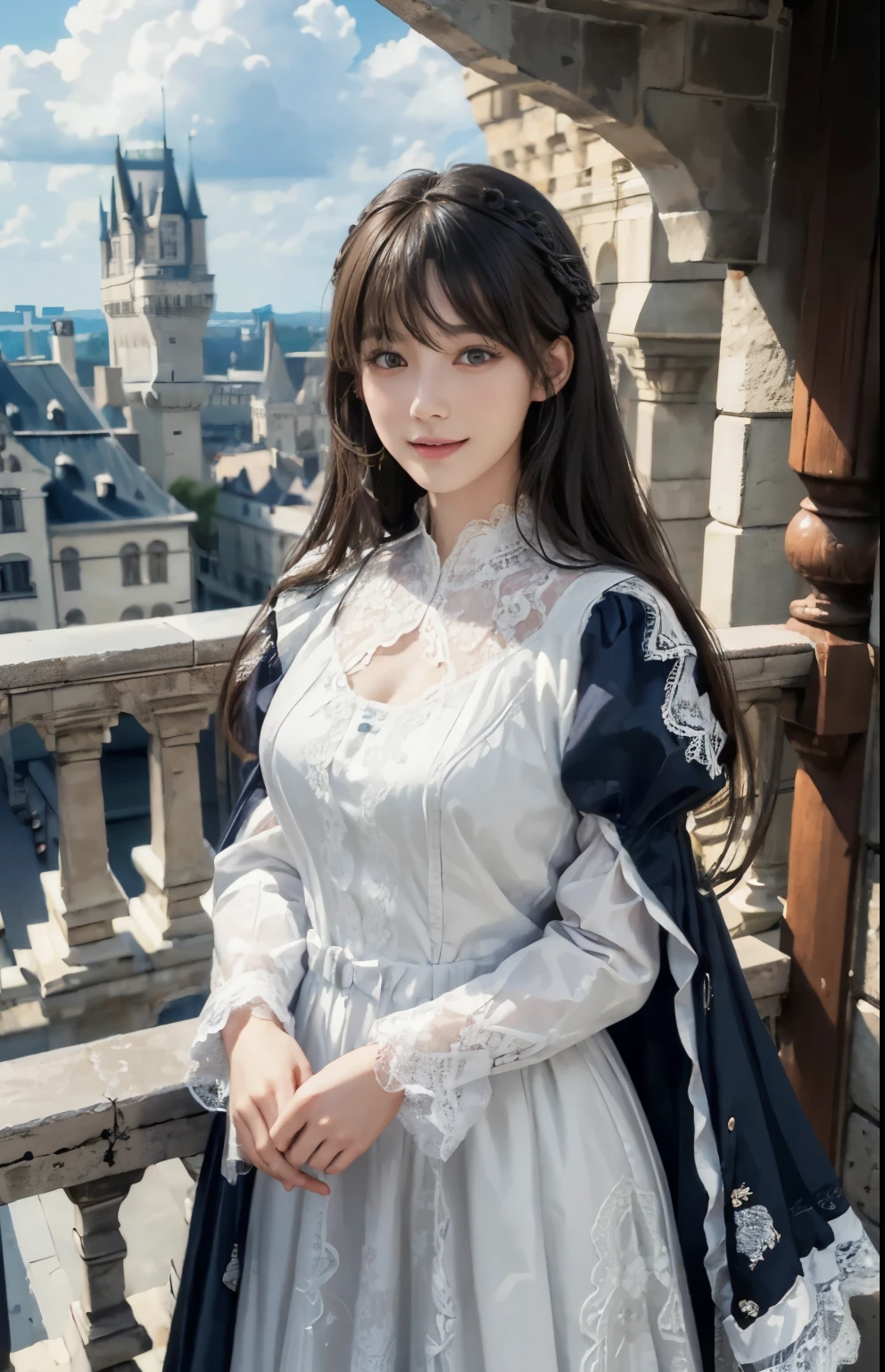 (ultra-realistic realism)、(illustratio)、(A high resolution)、(8K)、(Best Illustration)、(Beautifully detailed eyes)、(top-quality)、(ultra - detailed)、(masterpiece)、(the wallpaper)、(A detailed face)、solo、looking at viewert、A detailed face、pureerosfaceace_V1、A smile、 long hair、46-point diagonal bangs、((White lace dress))、((Beautiful woman standing on the balcony of the castle))