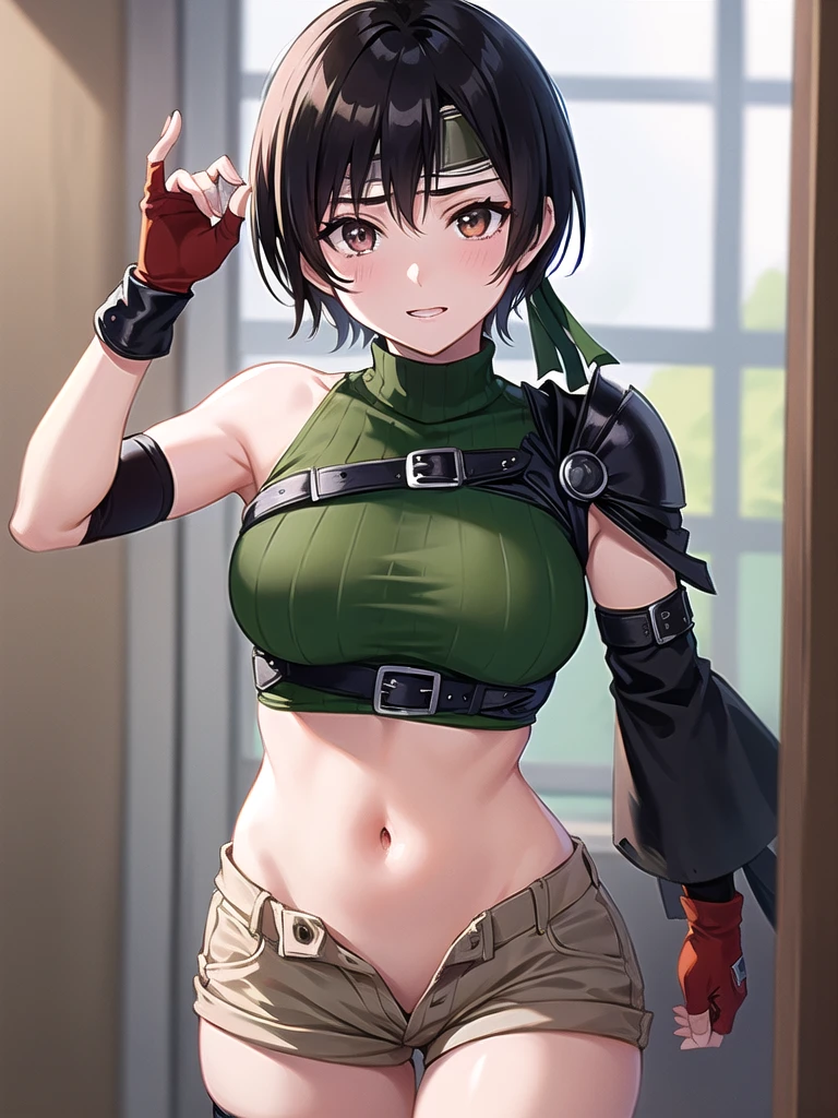 Yuffie Kisaragi, a distinctive character from the game world of Final Fantasy, known for her black hair and brown eyes. She sports a short pixie cut and is dressed in a crop top, fingerless gloves, fishnet stockings and a forehead protector. Her style is unique with sleeveless turtlenecks and short shorts that expose her belly button. A headband completes her outfit, while single thigh-high socks and gloves complement her sleeves. Her look is completed with a sleeveless turtleneck and thigh highs.

The depiction of Yuffie is presented as a masterpiece of the highest quality in an exceptionally high resolution of 8K. Her eyes are particularly highlighted, with beautiful, detailed features that enhance her hyper-realistic appearance. Both her face and body are extremely detailed, with every facet of her anatomy carefully crafted, including perfect hands and anatomy.

The scene shows Yuffie in a typical cowboy shot, looking directly at the viewer. The image is placed indoors, with the lighting perfectly adjusted to bring out its details to the fullest. The overall presentation of the image is an homage to the character and his defining features, brought to life through the illustration in stunning quality and detail.