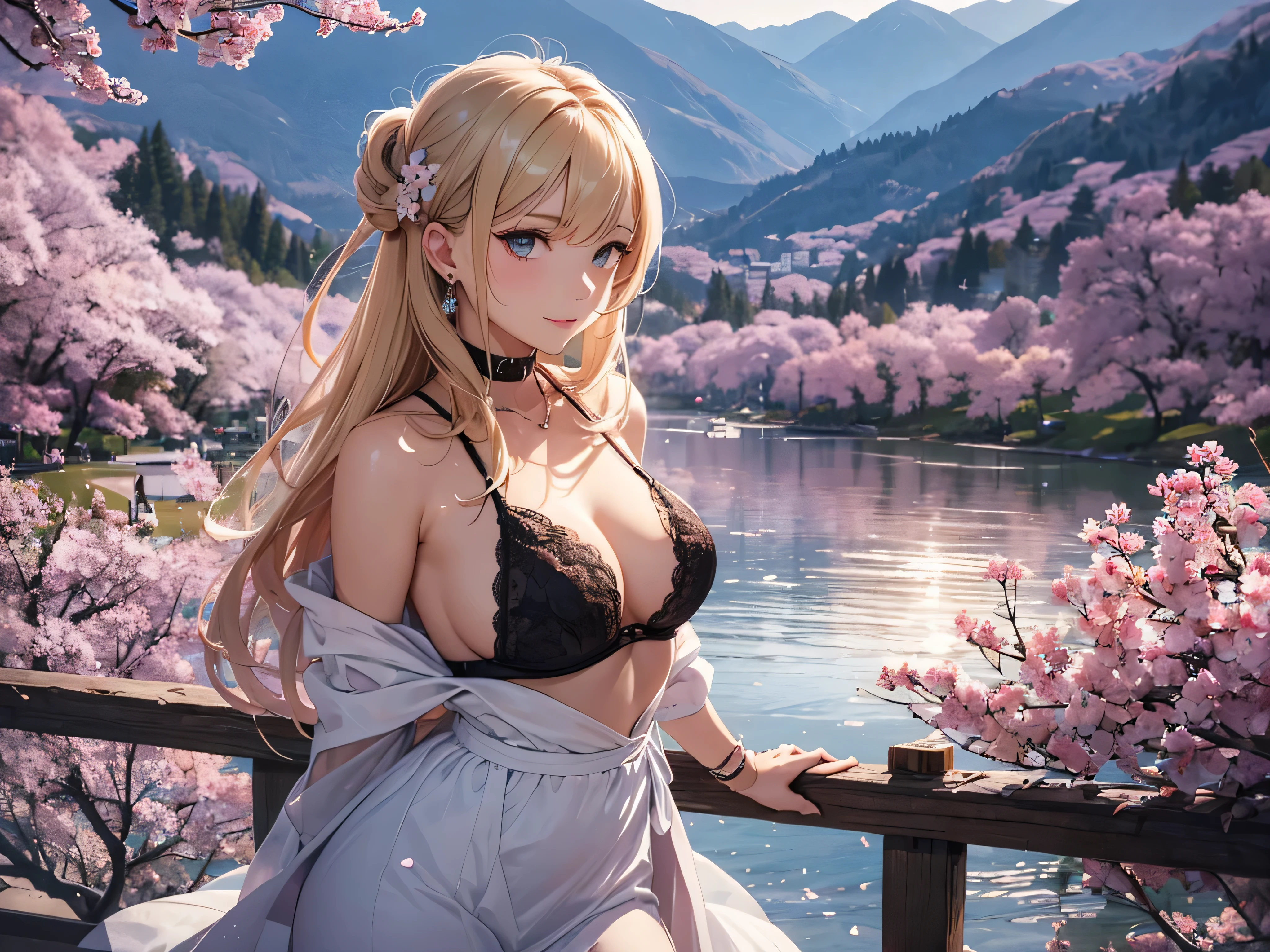 (((ultra high definition))), (((Alice.Ziberuku))), (Sword Art Online), masterpiece, best quality, detailed, (1 girl), alone, (超detailed藍眼睛, long golden hair, eternal: 1.2), Close to the audience, (Sexy Lingerie), seductive smile, (plump breasts, attractive body :1.2), (Put your arms behind your back), water, Sunset, (earrings), (cherry blossoms in bloom), Snow-capped mountains and lakes in the background,