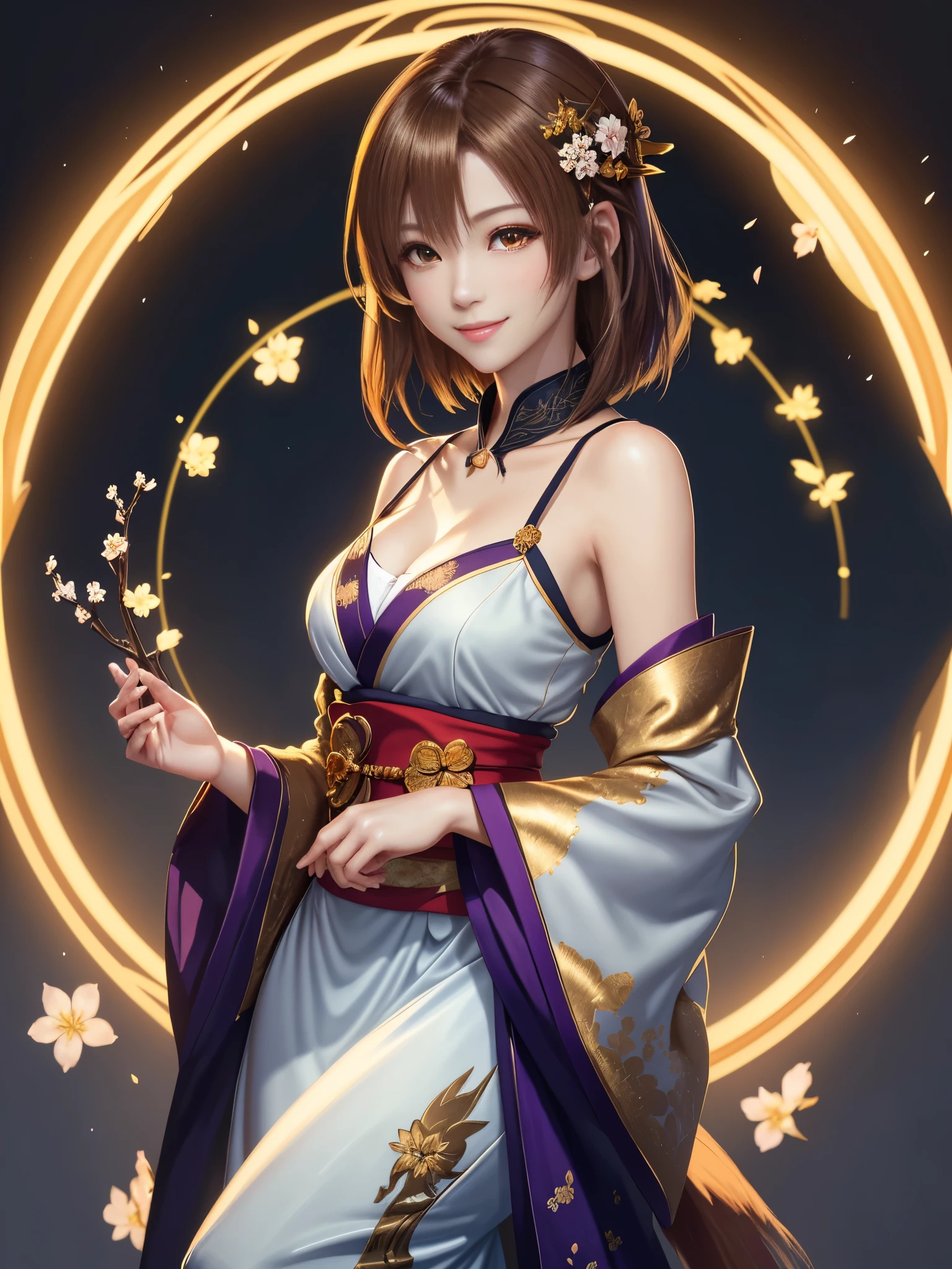 masterpiece , best quality,smile,smile,small face,shoulder exposure,golden kimono,less cleavage exposure,light brown hair,beautifully curled hair,slender body shape,brown eyes,Contrast faithfully reproduced,short hair,Beautiful short hair,Berry Short,short cut hair,just one person,precision quality,A faithful reproduction of the human eye, The surroundings are shining gold,golden aura around the body,golden shining background,masterpiece,night,nightの背景,golden background,cherry blossom background,beautiful details, colorful, delicate details, delicate lips, intricate details, genuine, ultrargenuineista, 枝に座っている色とりどりの髪のFoxを持つ女の子:Mature, bright eyes, ,色とりどりのFox, raposa de nine tails, 三尾Fox, 三尾Fox, onmyoji detail art, beautiful fine art illustration, mythical creatures, Fox, beautiful digital art,shrine maiden,hold hands,exquisite digital illustration, mizutsune, Inspired by mythical wild web creatures, pixiv in digital art, shining light, high contrast, Mysterious,view audience