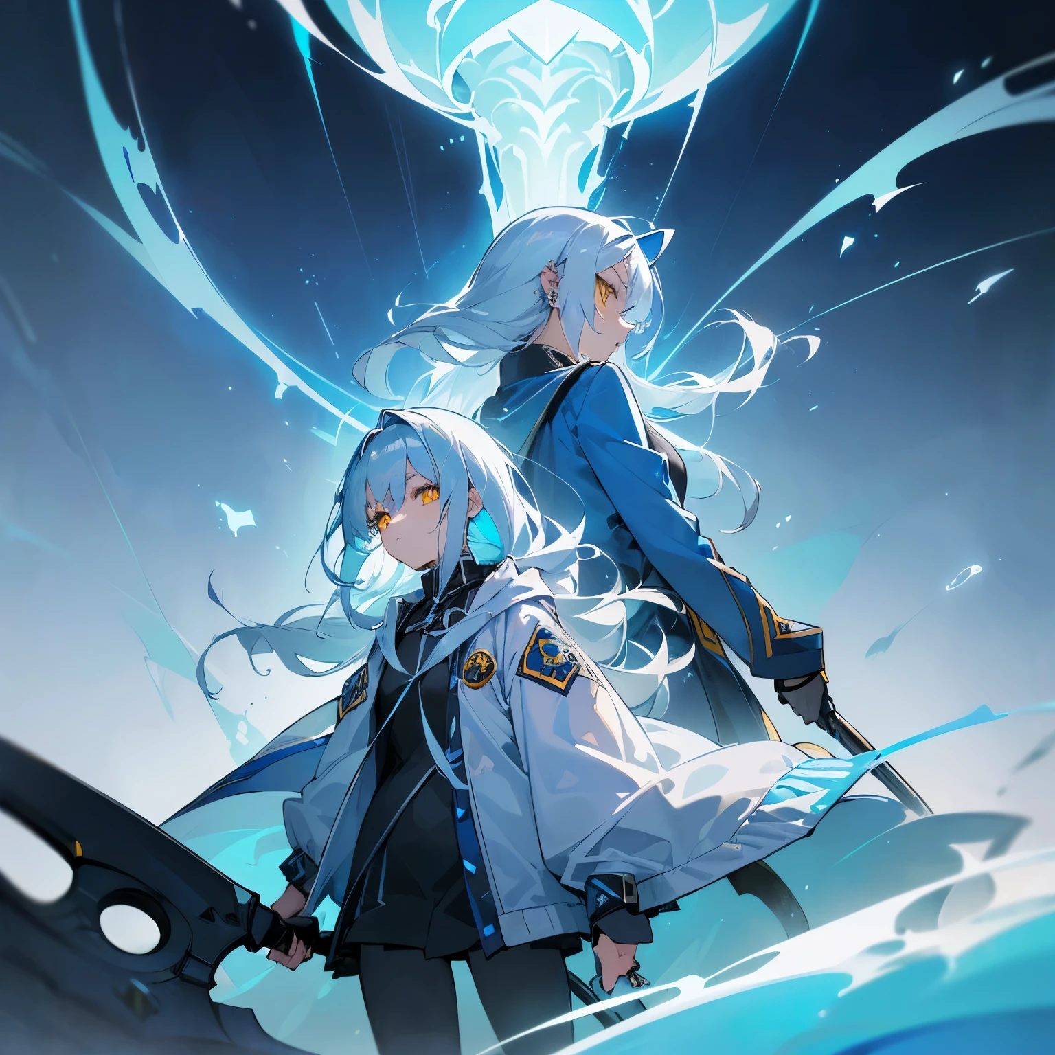2girls,girl1((young woman, striking blue-silver hair,hair cascading down her back,piercing yellow eyes gleam with determination, confidently wields a gleaming scythe,dark blue jacket, has mystery and domineering aura.

The second girl shares the same mesmerizing yellow eyes and ethereal blue-silver hair as her companion. She exudes a serene aura, her blue-white jacket billowing gently in the wind as she stands tall beside her friend. Despite her calm demeanor, there's an undeniable sense of power emanating from her, hinting at hidden depths beneath her tranquil exterior.