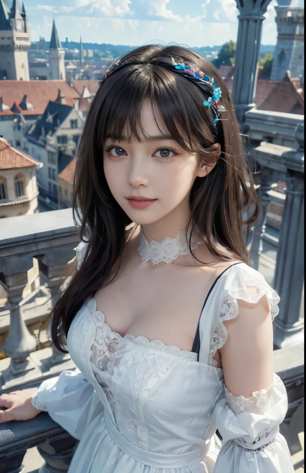 (ultra-realistic realism)、(illustration)、(A high resolution)、(8K)、(Best Illustration)、(Beautifully detailed eyes)、(top-quality)、(ultra - detailed)、(masterpiece)、(the wallpaper)、(A detailed face)、solo、looking at viewert、A detailed face、pureerosfaceace_V1、A smile、 long hair、slender body、plump breasts、46-point diagonal bangs、((White dress))、((Beautiful woman standing on the balcony of the castle))
