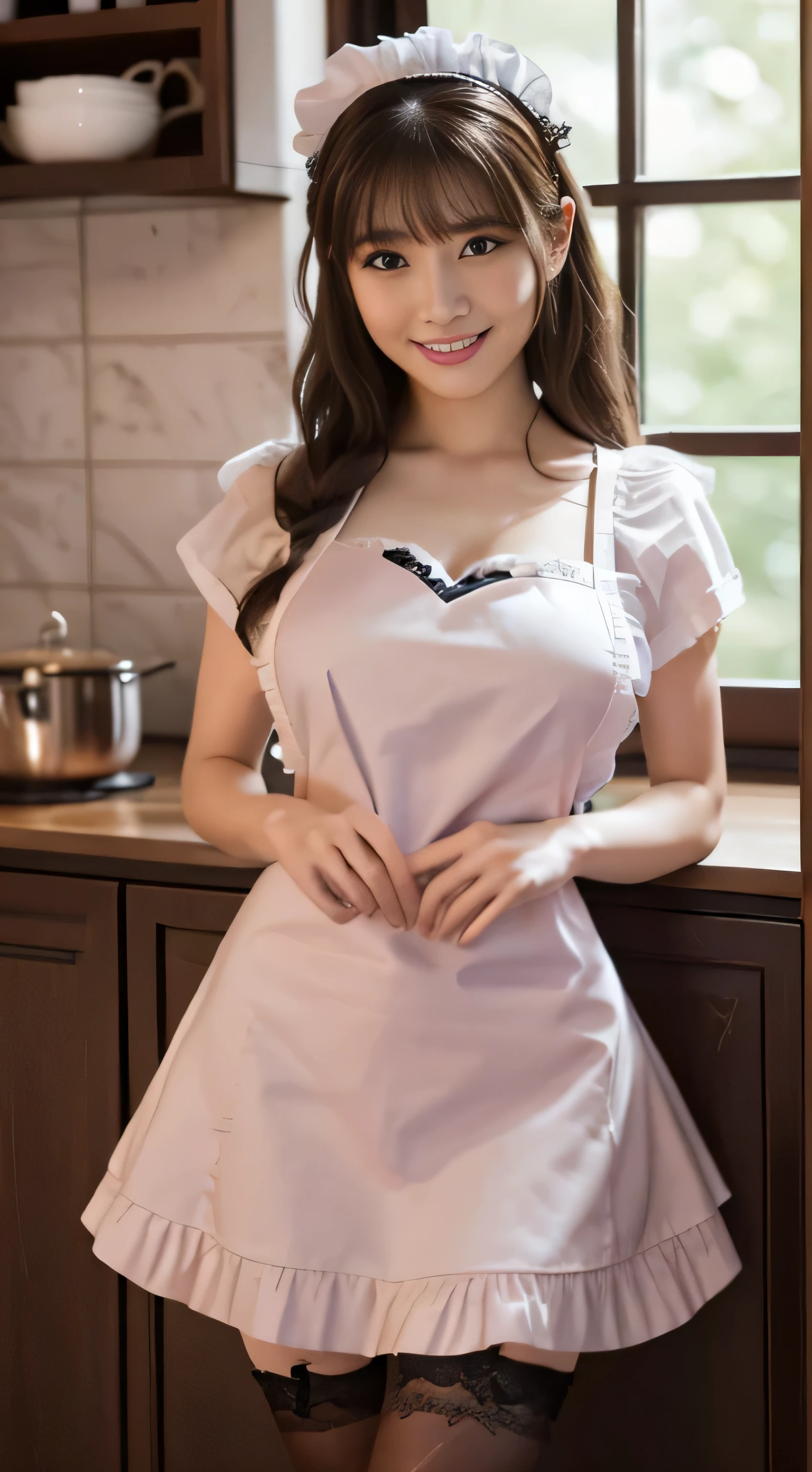 table top, highest quality, High resolution, perfect pixel, 4k, , 1 girl, single, alone, Beautiful woman、I could see the whole body、 ((middle wave hair, bangs, brown hair)), ((brown eyes, beautiful eyelashes, realistic eyes)), ((detailed face, blush:1.2)), ((smooth texture:0.75, realistic texture:0.65, realistic:1.1, Anime CG style)), big breasts、soft chest、dynamic angle, perfect body, ((Maid clotheaid headband、ruffle apron、no skirt、stockings、wearing an apron without a bra))、cook in the kitchen、(lean forward、look back、show side breasts)、、、()、Very embarrassing panic smile、((、))、