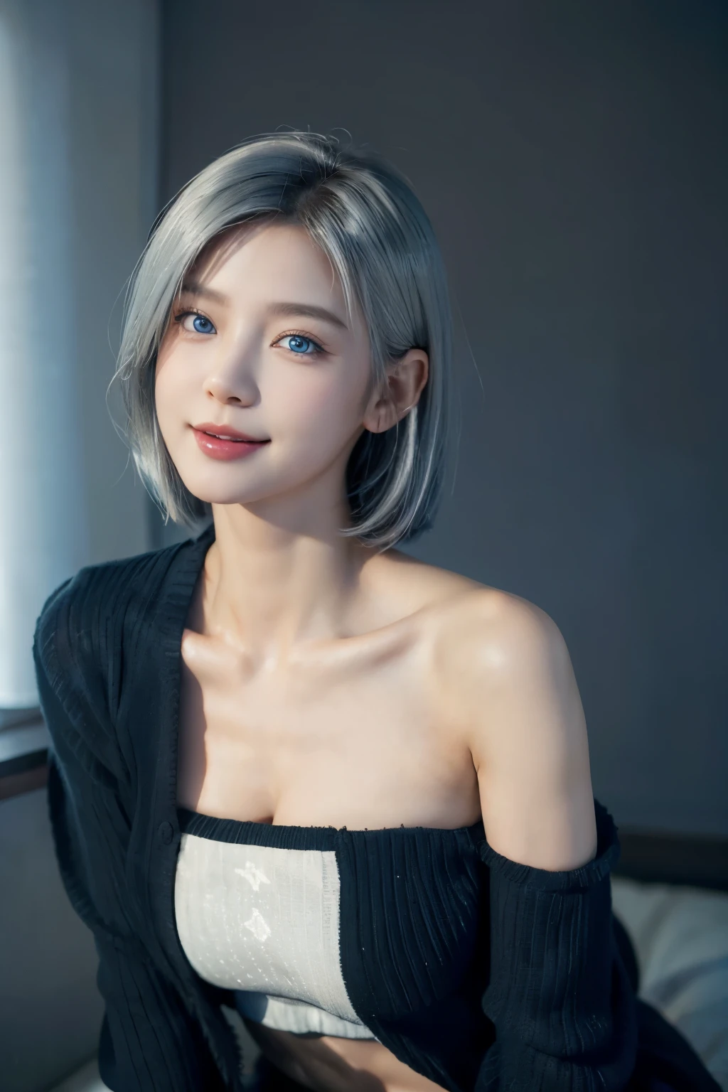 girl(wearing a black sweater), (Raw photo, highest quality), (realistic:2.0) ,masterpiece, very delicate and beautiful, very detailed,, wonderful, finely, Super detailed, High resolution, soft light, 美しい詳細なgirl, beautifully detailed nose, detailed beautiful eyes,beautiful legs,big breasts,(looking at the viewer:1.4),(japanese idol:1.4),(silver short hair:1.4), (blue eyes:1.3),(laughter:1.2),random pose,random background