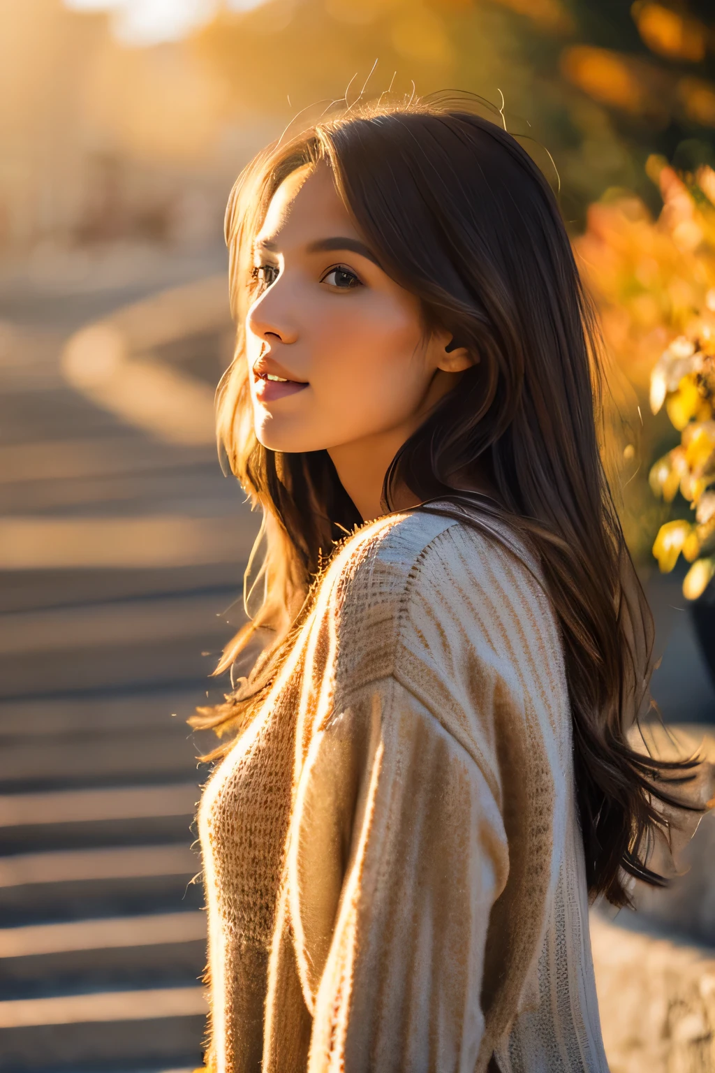Brunette Girl, Long hair, slim figure, terraces, Plaid, Autumn, evening, Sun rays, Warmth, Portrait, 85 mm, F2.0, light, A hyper-realistic, 8K, FM2.0, cinema4d,The whole body is shown