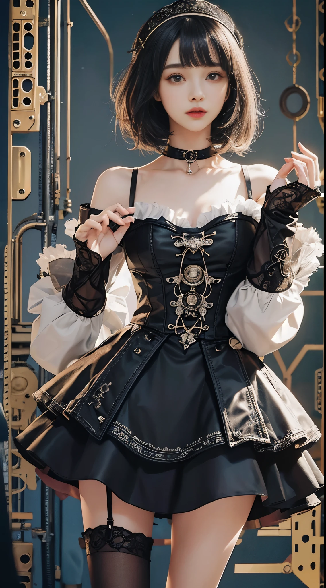 (((masterpiece, highest quality, Super detailed))), 1 female, (((very thin body))) , (((length, thin legs))), (((black short bob, thick fluffy bangs ))), (((highly detailed face))), No cosmetics, small and thin nose, thin mouth with small lips, (((Very sharp focused eyes))), Precise pale gray eyes with large slits, shine like a jewel, length eyelashes, ((Highly decorative intricate mechanical steampunk fashion, Lace Flare Mini Skirt, above the knee lace stockings, Lace Off Shoulder Lolita Fashion, Overly decorative fashion)), Abandoned Night, Complex mechanized steampunk factory catches fire and explodes, (((Overall accuracy has been dramatically improved, creating a Super detailed and realistic image))), super realistic photos.