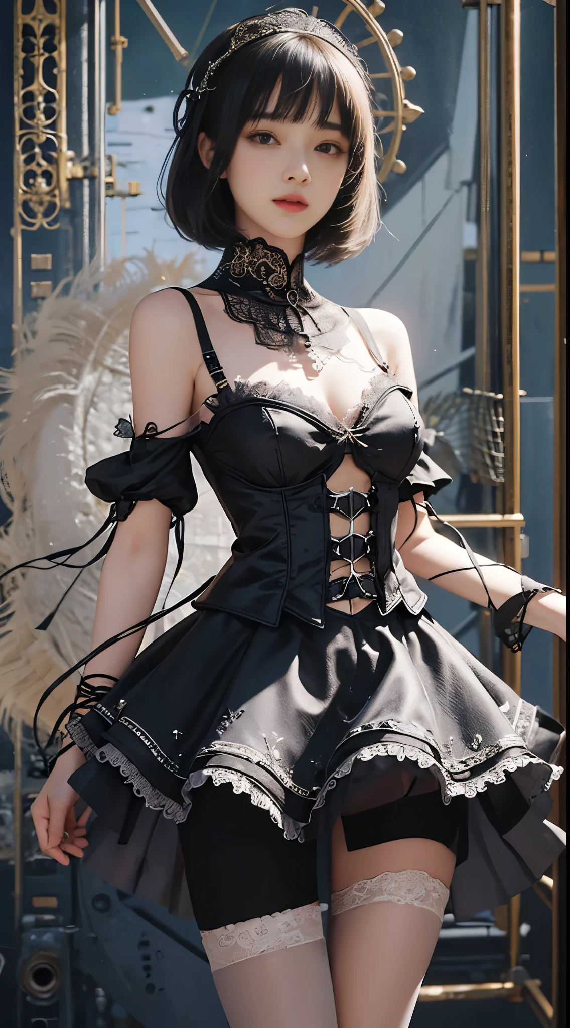 (((masterpiece, highest quality, Super detailed))), 1 female, (((very thin body))) , (((length, thin legs))), (((black short bob, thick fluffy bangs ))), (((highly detailed face))), No cosmetics, small and thin nose, thin mouth with small lips, (((Very sharp focused eyes))), Precise pale gray eyes with large slits, shine like a jewel, length eyelashes, ((Highly decorative intricate mechanical steampunk fashion, Lace Flare Mini Skirt, above the knee lace stockings, Lace Off Shoulder ta Fashion, Overly decorative fashion)), Abandoned Night, Complex mechanized steampunk factory catches fire and explodes, (((Overall accuracy has been dramatically improved, creating a Super detailed and realistic image))), super realistic photos.