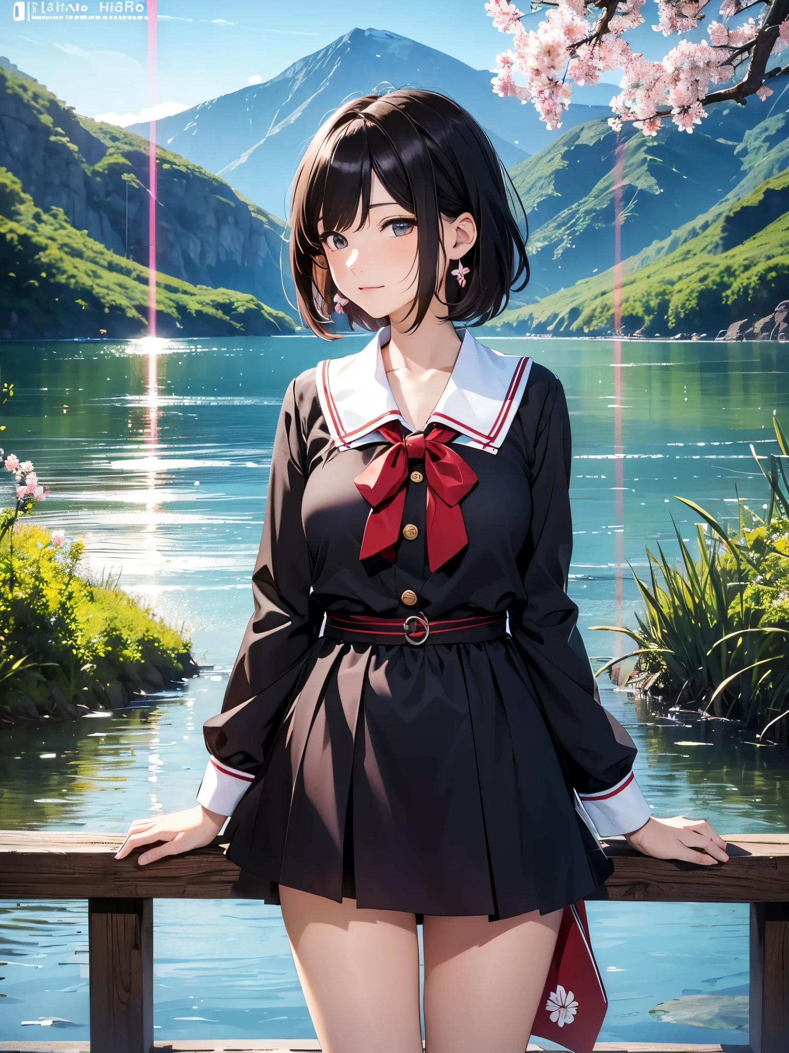 (((ultra high definition))), (((Naoha Kiritani))), masterpiece, best quality, detailed, (1 girl), alone, (超detailed黑眼睛, short hair, permanent: 1.2), Be close to the audience, (Japanese school uniform), Seductive smile, (Plump breasts, attractive body :1.2), (Put your arms behind your back), water, Sunset, (earring), (cherry blossoms in bloom), Snowy mountains and lake in the background,