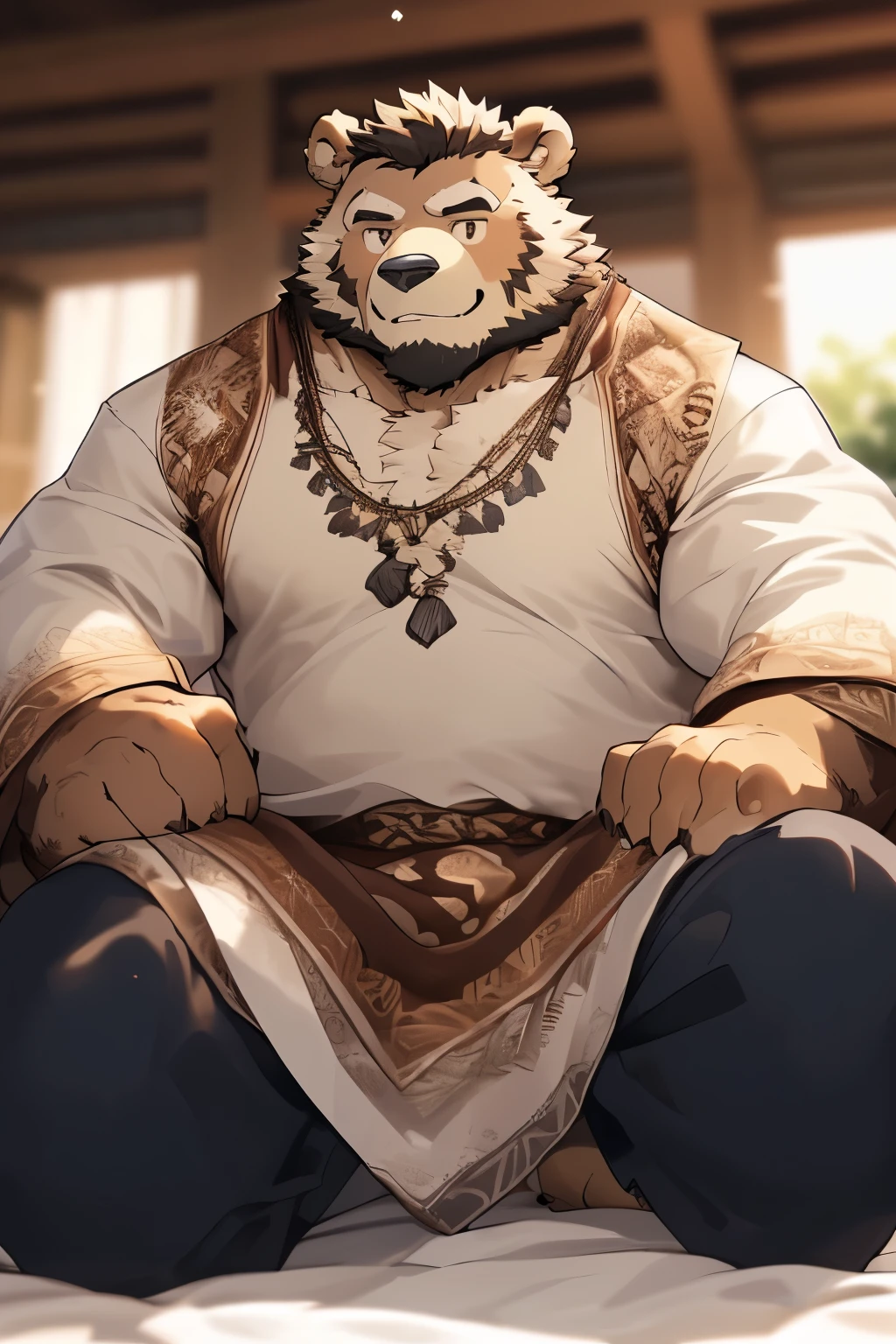 a scene in, depth of field, motion blur, , looking at the audience, (best quality), (masterpiece), (super detailed), sharp focus, Eye, black Eye, hairy, alone, light white fur, brown fur, beard, full-body shot,obvious secondary sexual characteristics, quilt,Kneel on the bed,blink, Smile, human nature (brown bear), male, (brown bear), middle aged, muscular, priest,super detailed face