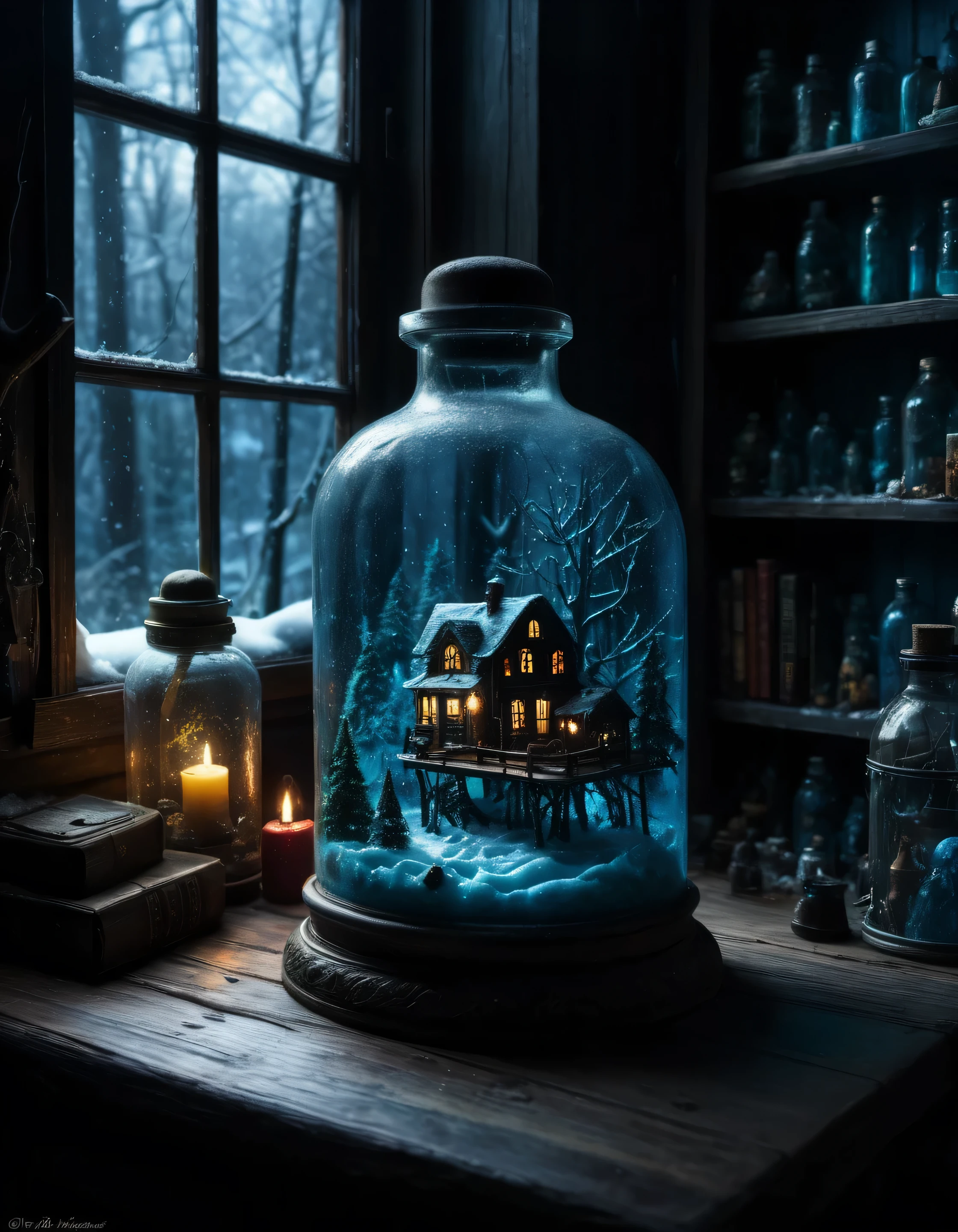 An intricate forest mini-town landscape trapped in a bottle, on a table, ((creepy)) , dark aesthetic, blizzard, spooky, (Ice, snow), vibrant colors in a workshop, window, shelf, knick-knacks, epic composition, atmospheric-lighting, subsurface-scattering, (blue) (detailed high quality highres high saturation)