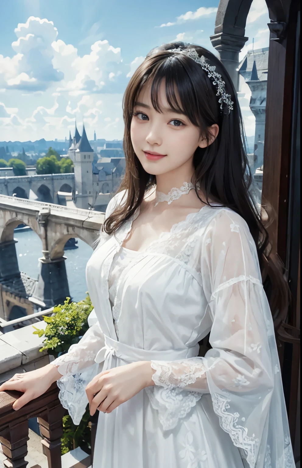 (ultra-realistic realism)、(illustratio)、(A high resolution)、(8K)、(Best Illustration)、(Beautifully detailed eyes)、(top-quality)、(ultra - detailed)、(masterpiece)、(the wallpaper)、(A detailed face)、solo、looking at viewert、A detailed face、pureerosfaceace_V1、A smile、 long hair、46-point diagonal bangs、((White lace dress))、((Beautiful woman standing on the balcony of the castle))