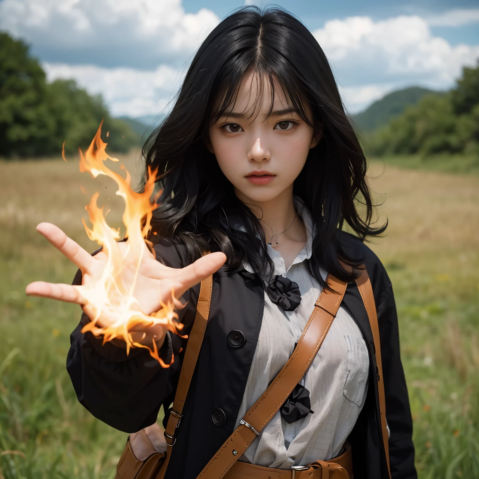 A beautiful -year-olrl wiblack hair, standing in a grassland area, dressed in modern clothing, with an angry expression, thrusting one hand forward, producing magical flames in that hand.