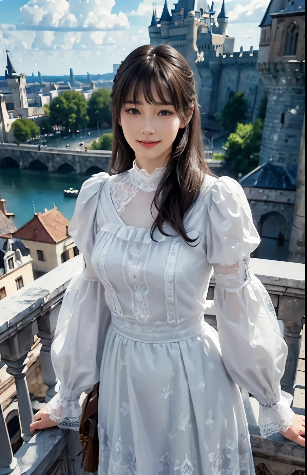 (ultra-realistic realism)、(illustratio)、(A high resolution)、(8K)、(Best Illustration)、(Beautifully detailed eyes)、(top-quality)、(ultra - detailed)、(masterpiece)、(the wallpaper)、(A detailed face)、solo、looking at viewert、A detailed face、pureerosfaceace_V1、A smile、 long hair、46-point diagonal bangs、((White lace dress))、((Beautiful woman standing on the balcony of the castle))