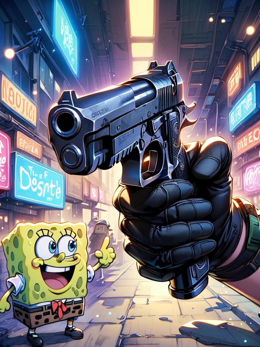 SpongeBob SquarePants,Holding a Desert Eagle pistol in both hands,The scene is illuminated by red neon lights