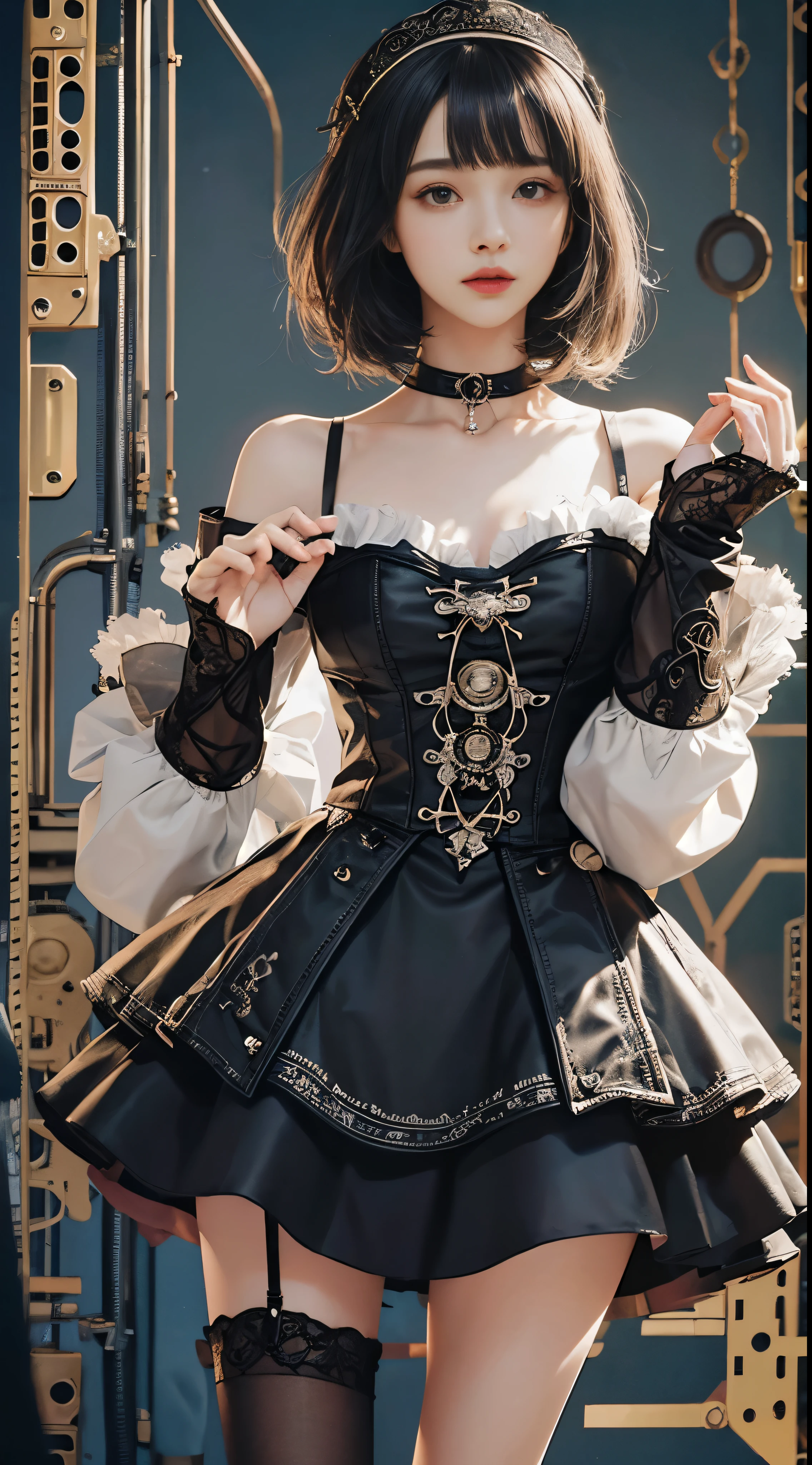 (((masterpiece, highest quality, Super detailed))), 1 female, (((very thin body))) , (((length, thin legs))), (((black short bob, thick and fluffy bangs ))), (((highly detailed face))), No cosmetics, small and thin nose, thin mouth and small lips, (((Very sharp focused eyes))), Precise pale gray eyes with large slits, shine like a jewel, length eyelashes, ((Highly decorative and intricate mechanical steampunk fashion, Lace Flare Mini Skirt, above the knee lace stockings, Lace Off Shoulder ta Fashion, Overly decorative fashion)), Abandoned Night, Complex mechanized steampunk factory catches fire、explosion, (((Overall accuracy has been significantly improved, creating a Super detailed and realistic image))),  super realistic photos.