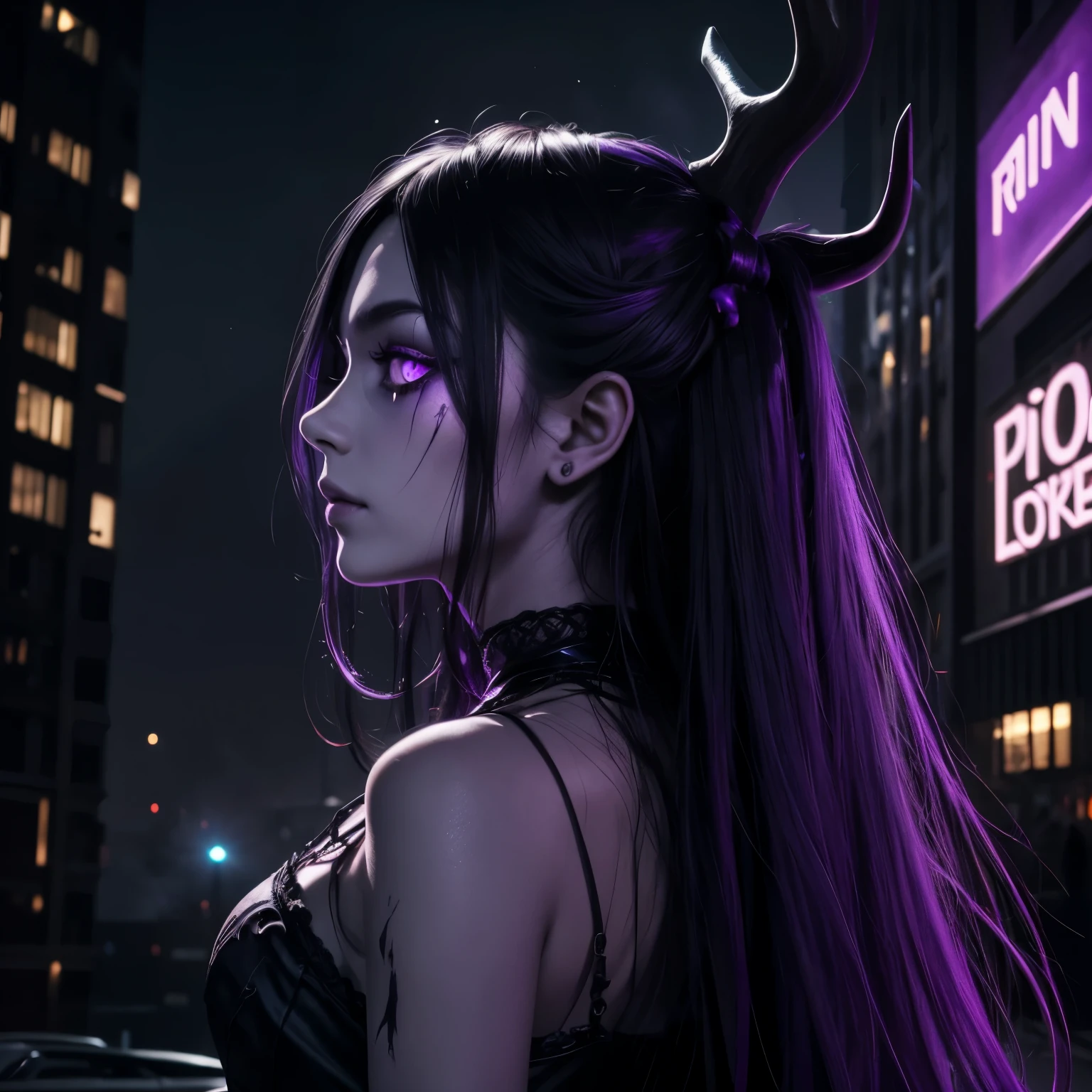dark, unholy, evil, astral, creepy style, undead, rotting skin, mystical, nice perfect face with soft skin, young beautiful girl portrait on a tall building, smoke, night, city lights, long black hair, antlers, glowing purple eyes, from behind, light purple glow