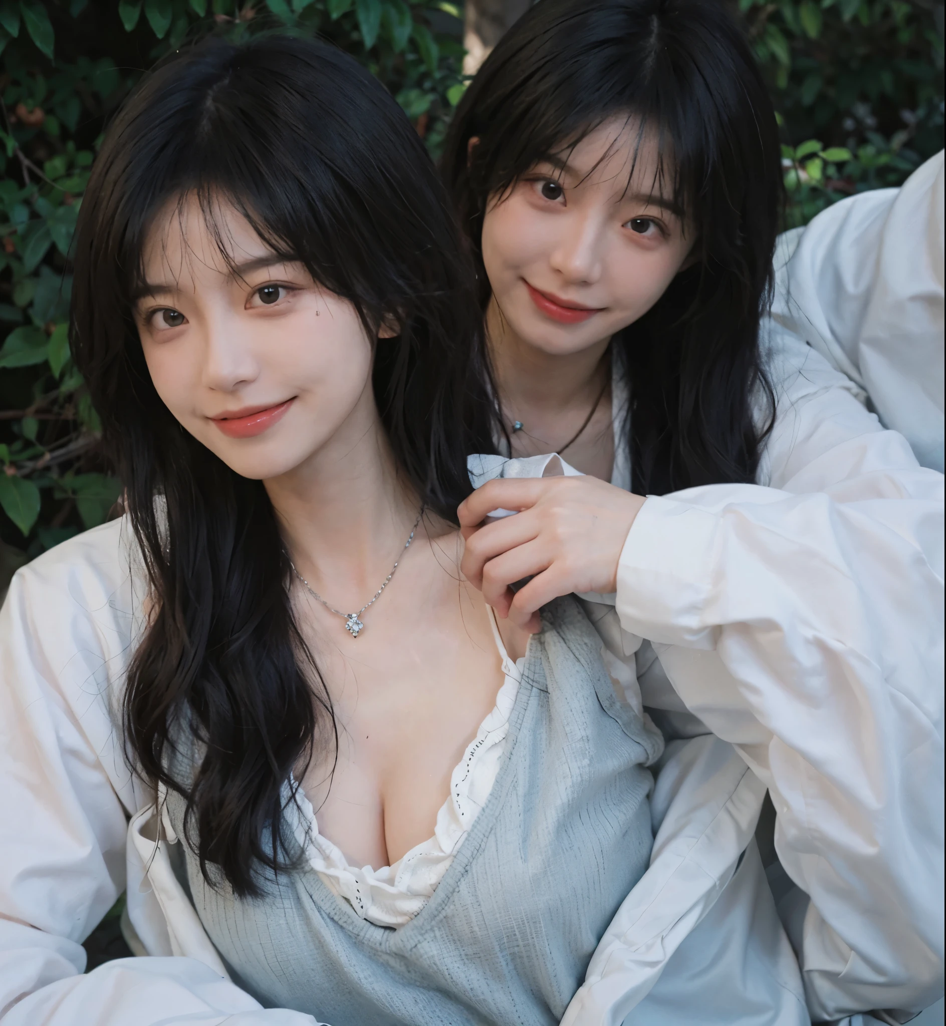 best quality， ultra high resolution， （realistically：1.4）， Baoyu Girl， A pair of clear and charming peach blossom eyes,Royal sister，The sun shines on the face，Long curly hair，（In the forest：1.4），（necklace：1.2），（White skin：1.4），（Full body female love：1.2）a sense of atmosphere，a beautiful girl， Smile，Looking directly at the viewer， Close-up cleavage ，(lifelike:1.4),1 girl,Sexy,(Upper body:1.4),(wet),(:1.2)