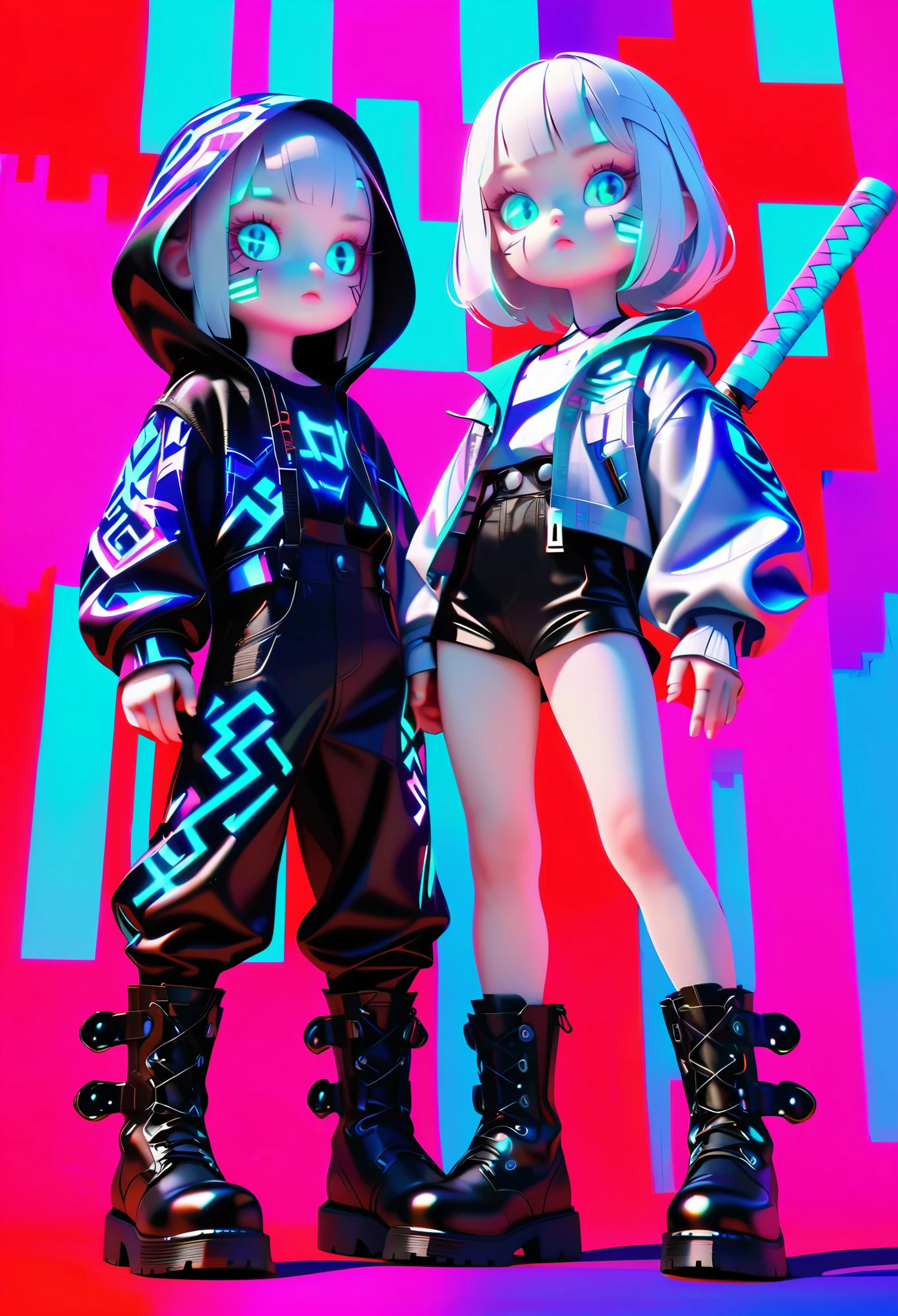 Style 3,Style 7,white hair,elder sister,Cyberpunk style gray hooded jacket,leather boots,Thermal Samurai Sword,Bandage underwear,Mechanical face line,Dark blue overall,Cool colors