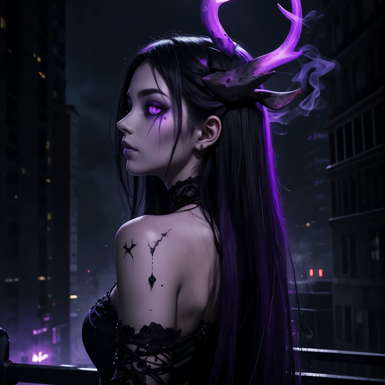 dark, unholy, evil, astral, creepy style, undead, rotting skin, mystical, nice perfect face with soft skin, young beautiful girl portrait on a tall building, smoke, night, city lights, long black hair, antlers, glowing purple eyes, from behind, light purple glow