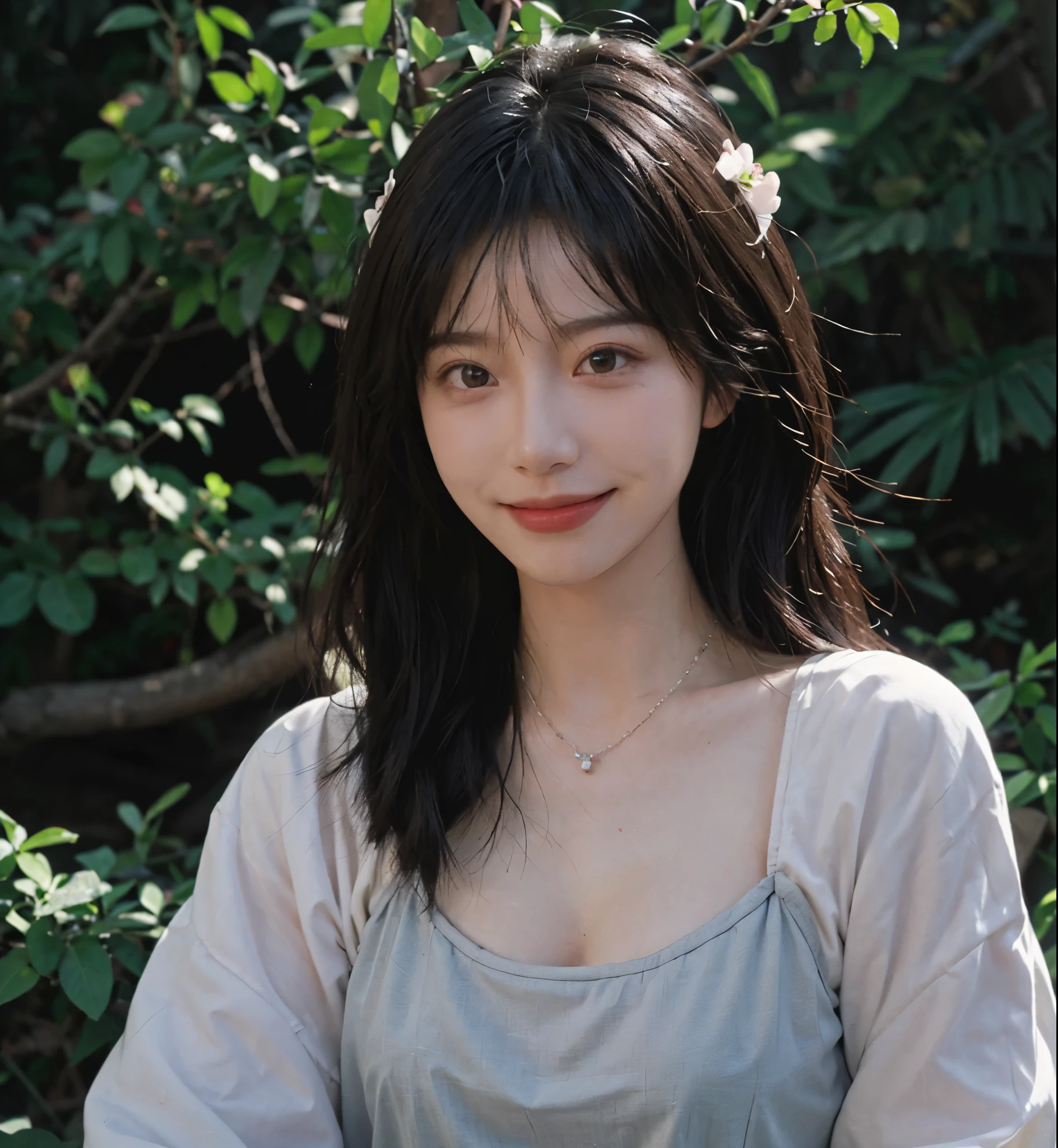 best quality, ultra high resolution, (realistically:1.4), Baoyu Girl, A pair of clear and charming peach blossom eyes,Royal sister,The sun shines on the face,Long curly hair,(In the forest:1.4),(necklace:1.2),(White skin:1.4),(Full body female love:1.2)a sense of atmosphere,a beautiful girl, Smile,Looking directly at the viewer, Close-up cleavage ,(lifelike:1.4),1 girl,Sexy,(Upper body:1.4),(wet),(:1.2)