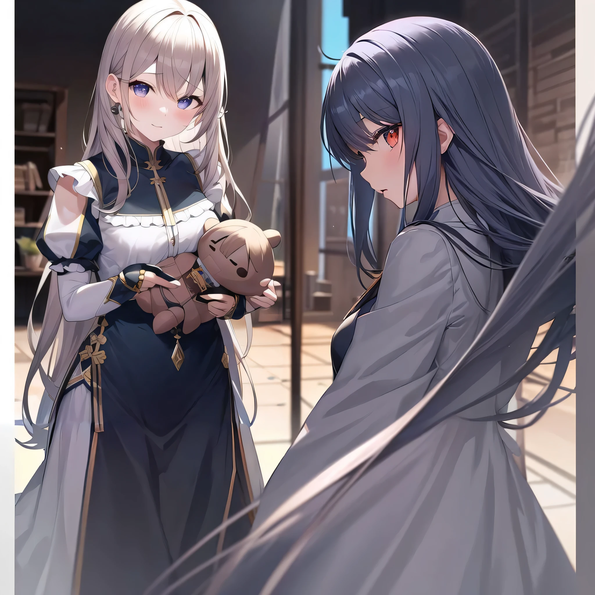 anime, long hair girl holding a teddy bear, anime visual of a cute girl, cute anime waifu in a nice dress, From Dolls Frontline, anime girl in a maid costume, , pin on anime, From Arknights, anime style like fate/Please let me stay overnight, wearing a dress, cute anime girl, (anime girl)、cheeks are red、troubled face
