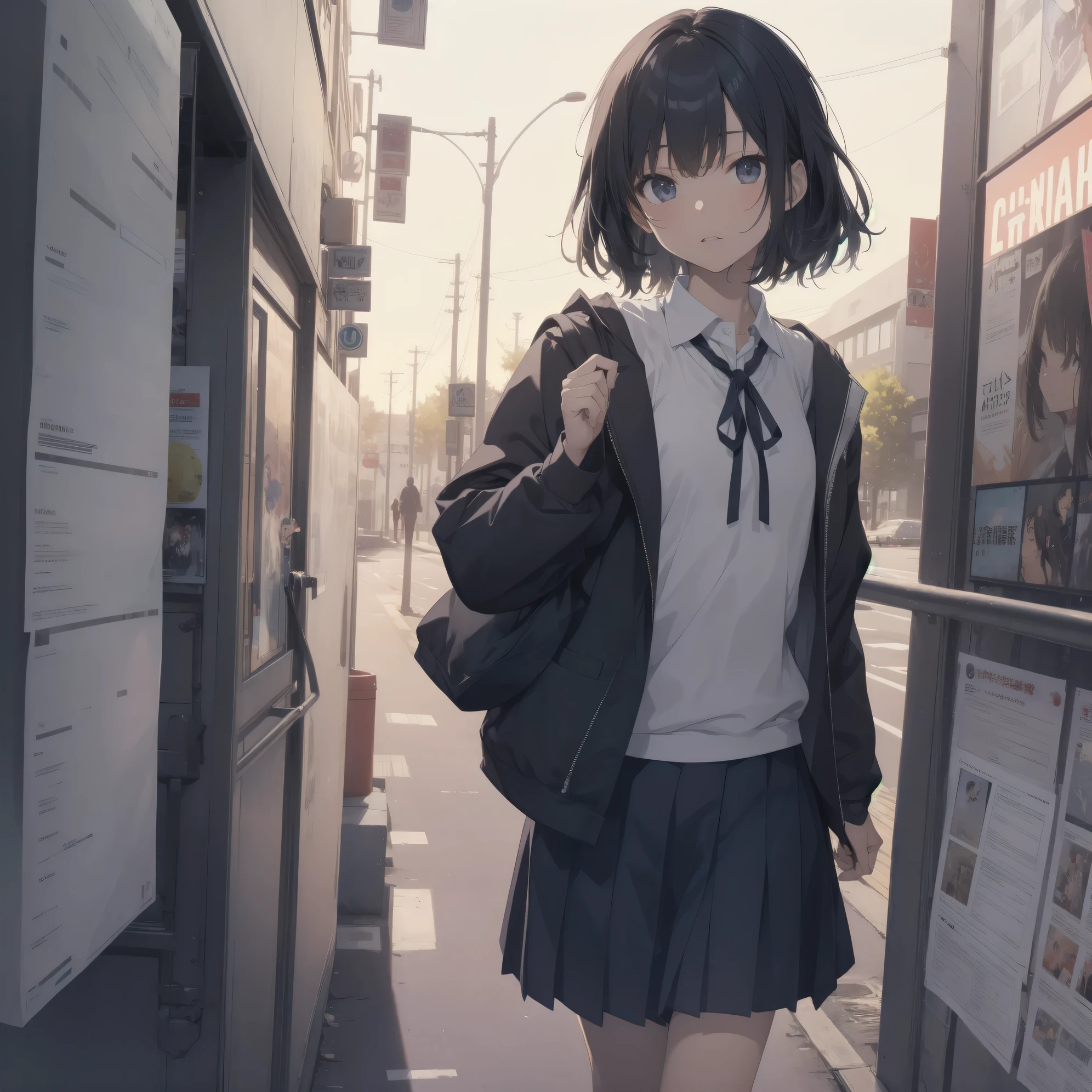 Super Absurd - Top Quality from the God of Art, Super detailed, High resolution, anime moe art style, cute girl portrait, best anime 8K konachan wallpaper, Pixiv contest winners, perfect anatomy,break, (眠そうにalone学校へ行く女の子を描いてください. )break,1 girl, (alone,little woman, 13 years old:1.3),All limbs, full finger,, The charm of an immature body, (very short hair), shortcut, flat chest, , small ass, between legs, small black eyes, detailed and beautiful eyes, Well-proportioned iris and pupils, expressive eyes, High resolutionの詳細な髪, yawn, neck ribbon, shirt, collared shirt, skirt, pleated skirt, , (detailed lighting), (detailed background), On the way to school. break,super dense skin, Best cinematic lighting powered by famous artist, 8K,Beauty Illustration,photoshop_(Moderate),Absurd Hi-Res,UHD,rough skin,break,((artist:kantoku)), artist:dark black,artist:shinkai makoto,artist:sekiya asami,artist:Fujiyama,