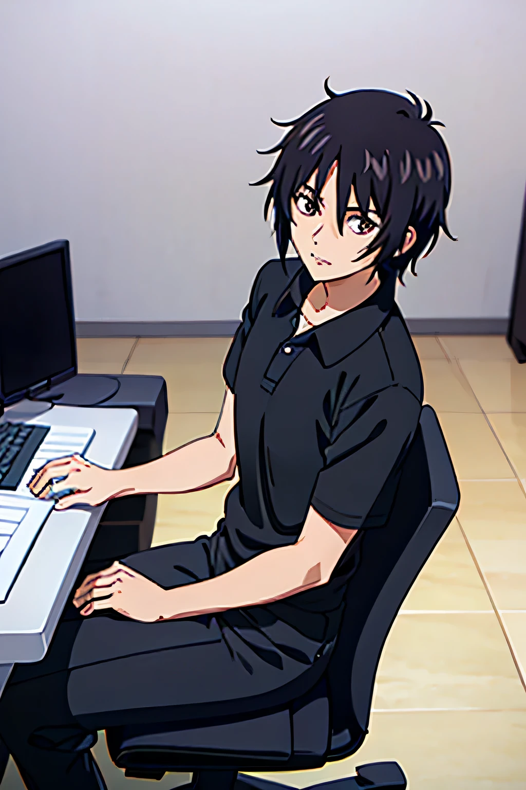 show，with short black hair，Please wear a black polo shirt，Sit in front of the computer，input using keyboard，indoor environment，office