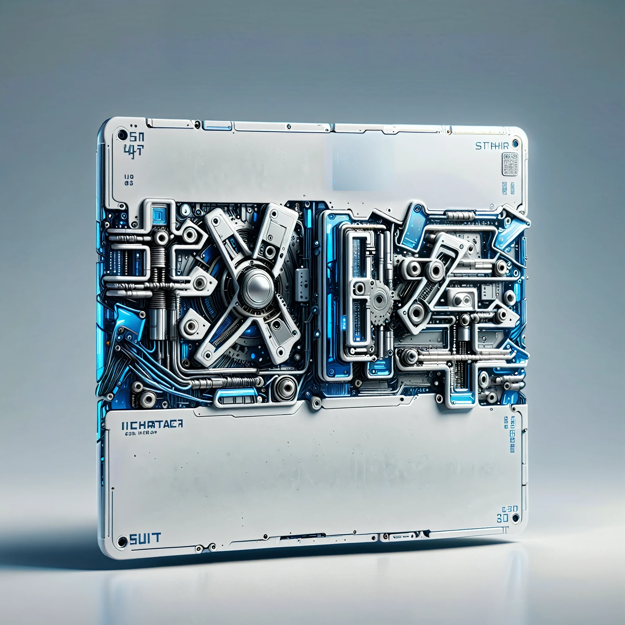 (Metal card:1.5), Digital Art，Cyberpunk，(White ceramic housing:1.5)，blue transparent glass，3D rendering，ray tracing，Reasonable structure，Complex internal structure,(Clear lines, High sharpness,best quality, masterpiece, 4K ),ais-mechdystopia