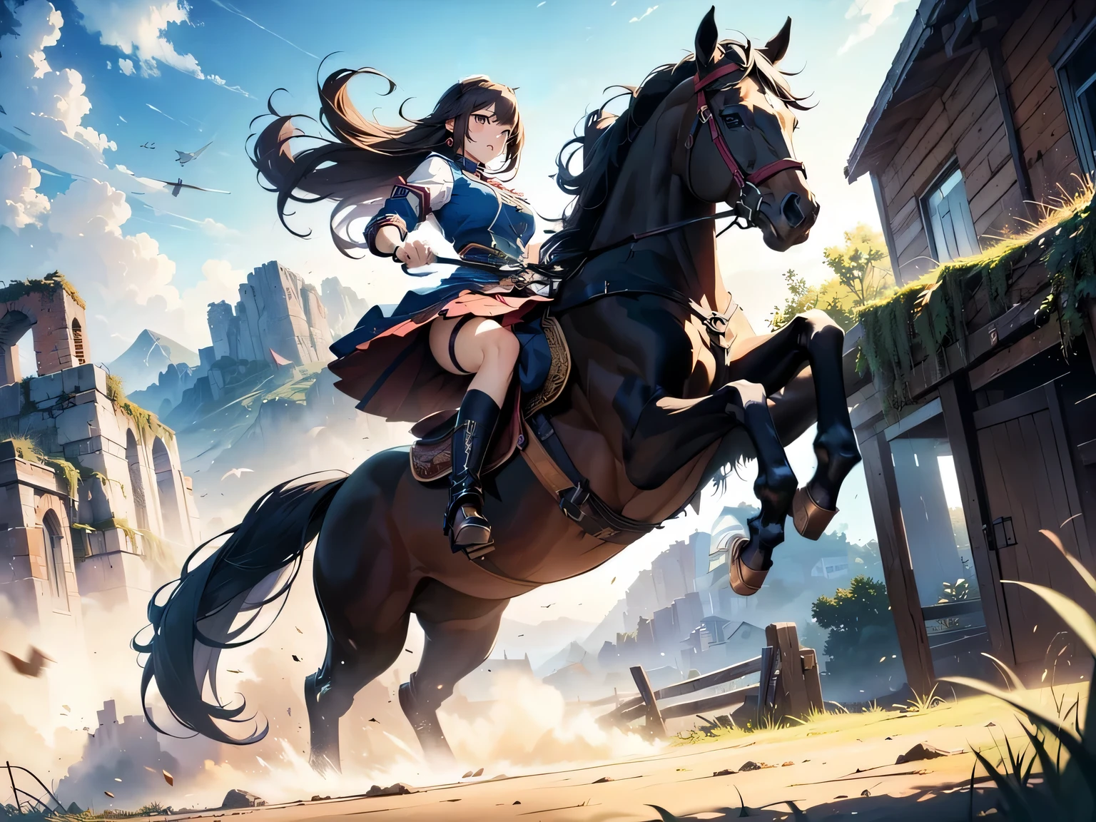(ultra-detailed,highres,best quality:1.2),vivid colored horse,beautiful leather reins,muscular and powerful physique,strong and healthy mane,horse galloping in a vast open field,elegant posture and graceful movements,shining under the golden sunlight,realistic fur texture,glistening sweat on its body,bokeh background,professional horse riding equipment,colored background reflecting the horse's energy,professional photography style,sharp focus on the horse,soft and warm lighting
