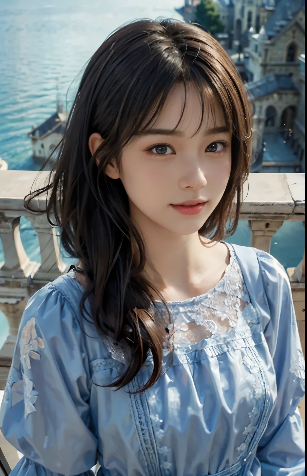 (ultra-realistic realism)、(illustratio)、(A high resolution)、(8K)、(Best Illustration)、(Beautifully detailed eyes)、(top-quality)、(ultra - detailed)、(masterpiece)、(the wallpaper)、(A detailed face)、solo、looking at viewert、A detailed face、pureerosfaceace_V1、A smile、 long hair、46-point diagonal bangs、((Colorful lace dress))、((Beautiful woman standing on the balcony of the castle))