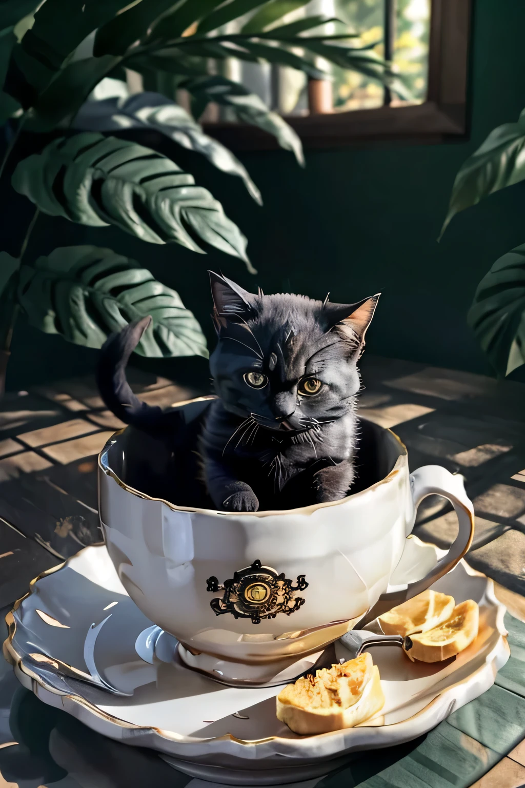 black cat kitten inside a cup of tea, face, Patas dianteiras para fora, 8k, foto profissional, delicado, Claro, Na mesa, dentro de casa, luz do sol, vazamento de luz, obra de arte, ((bonito))), Elegant cup of tea, (Realidade)