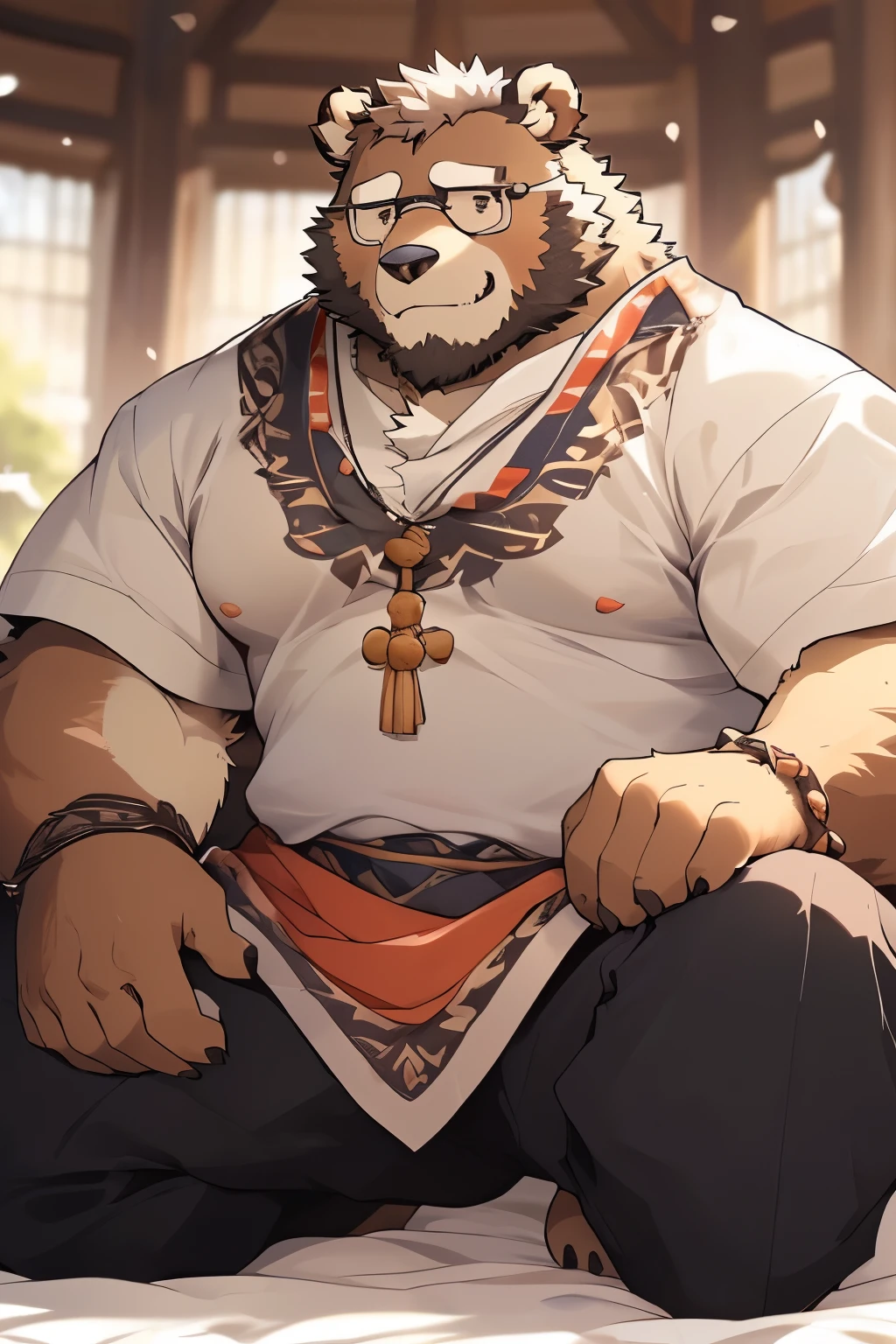 a scene in, depth of field, motion blur, , looking at the audience, (best quality), (masterpiece), (super detailed), sharp focus, Eye, black Eye, hairy, alone, light white fur, brown fur, beard, full-body shot，obvious secondary sexual characteristics, quilt，Kneel on the bed，blink, Smile, human nature (brown bear), male, (brown bear), middle aged, muscular, priest，super detailed face