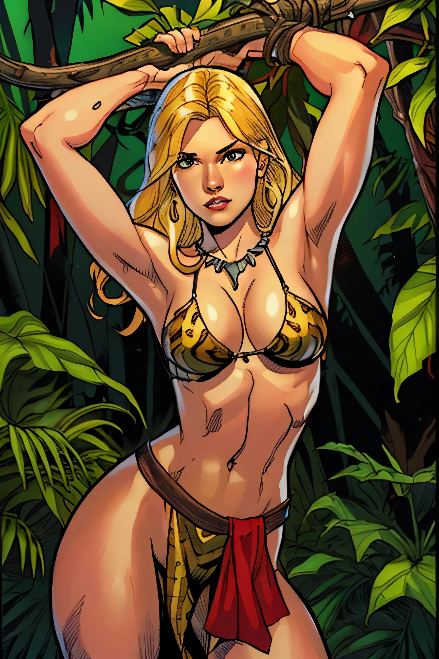 shantsd2023, illustration, by frankcho, 1girl, best quality, masterpiece, dramatic lighting, blonde hair, loincloth, standing in exotic jungle, armpits, showing armpits, arms raised, arms behind head, perfect proportions, necklace